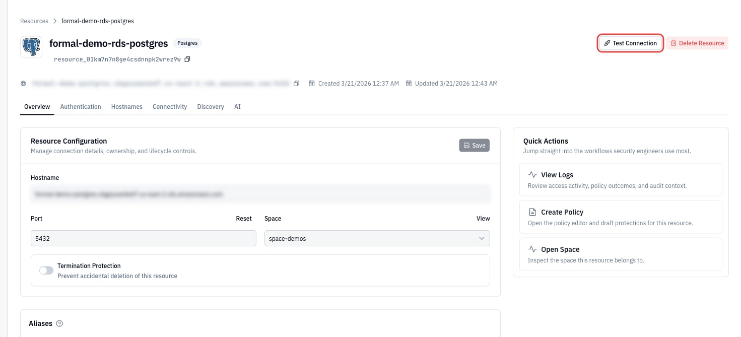 Resource Details page showing Test Connection button and Database Name for Health Check configuration