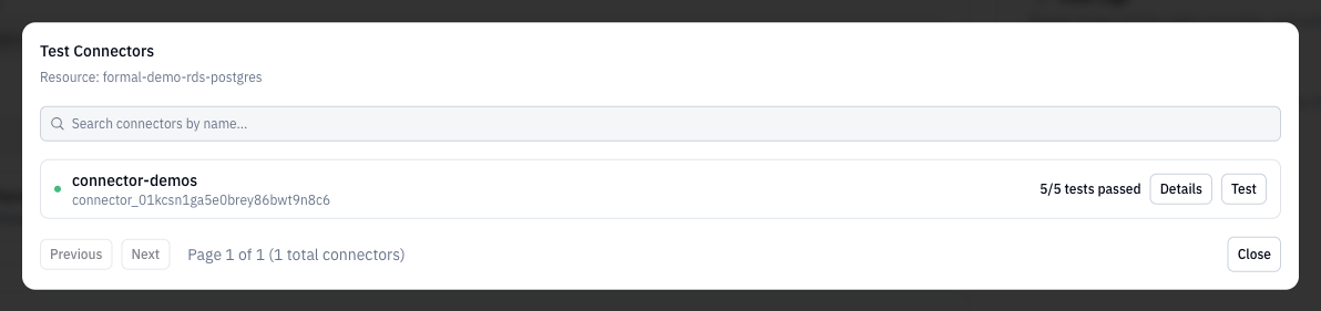 Test Connectors modal showing connector selection and testing status