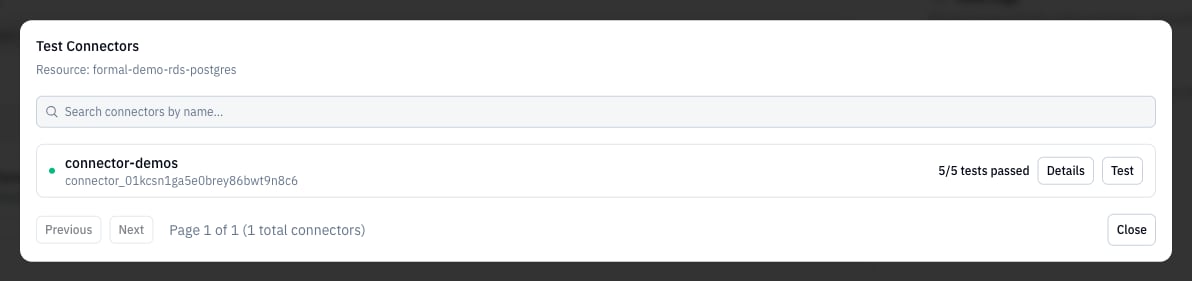 Test Connectors modal showing connector selection and testing status