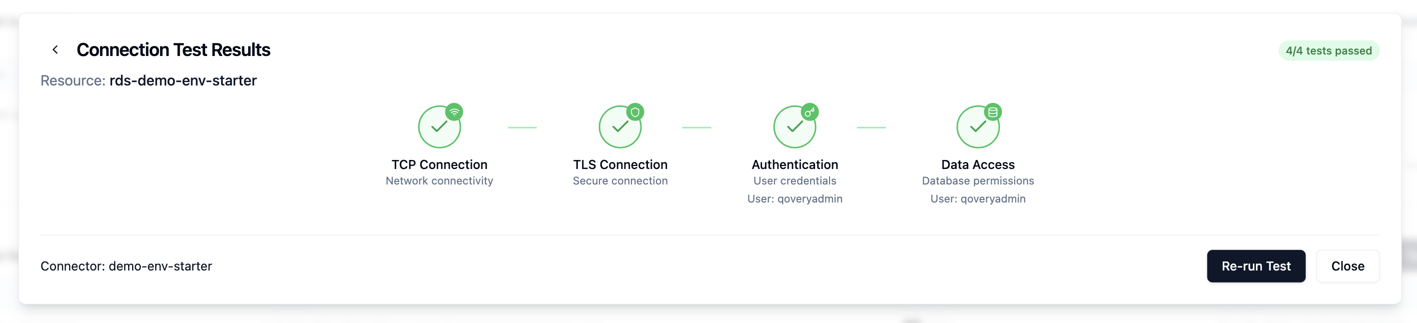 Successful connection test results showing 3/3 tests passed with TCP Connection, Authentication, and Data Access stages