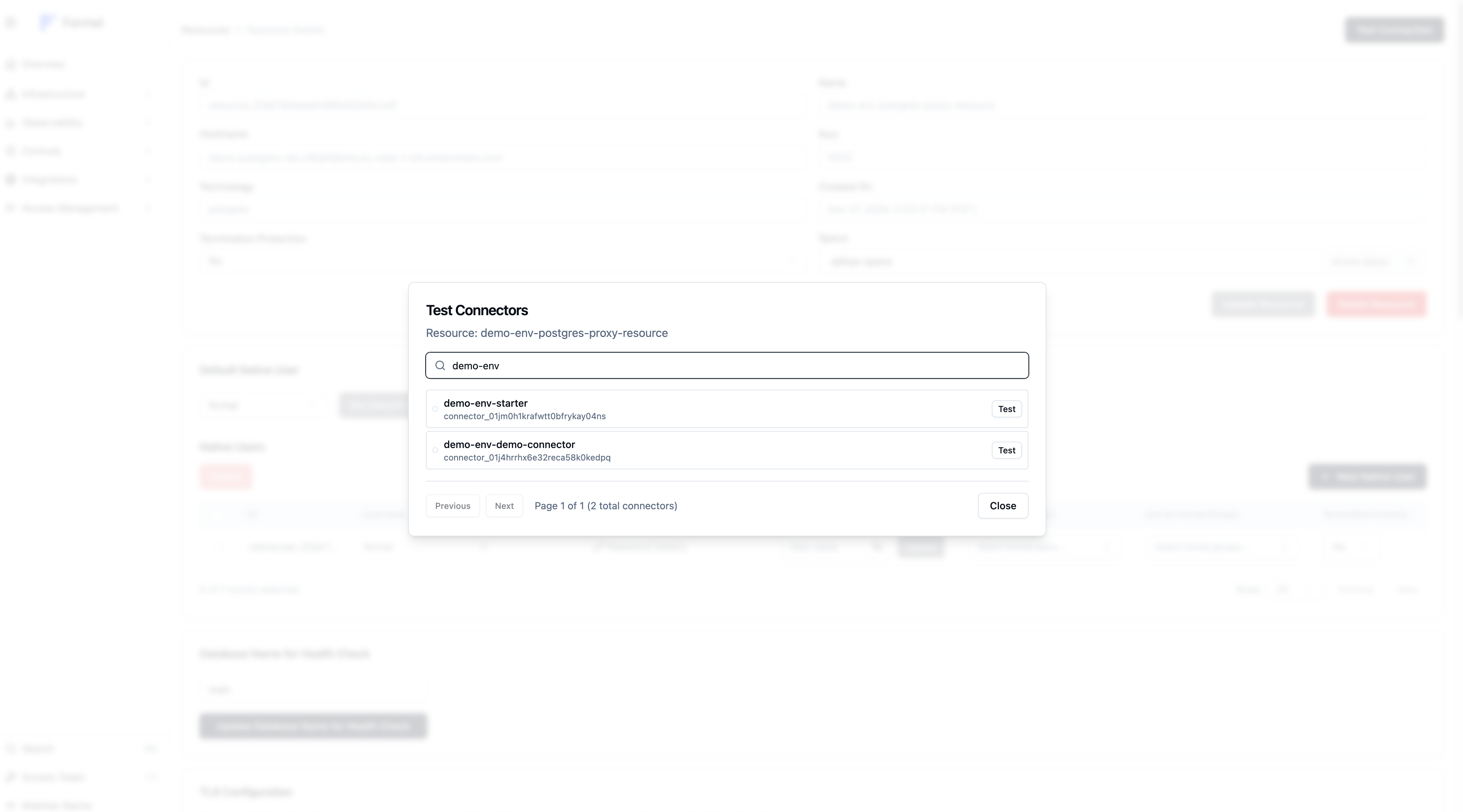 Test Connectors modal showing connector selection and testing status