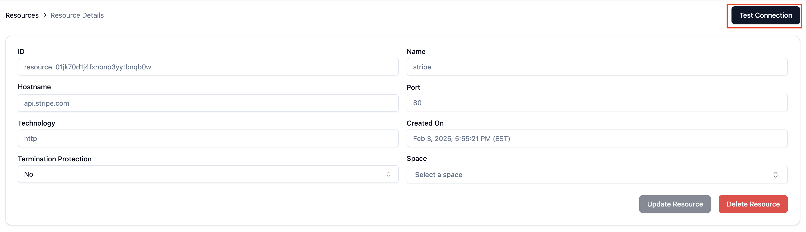 Resource Details page showing Test Connection button and Database Name for Health Check configuration