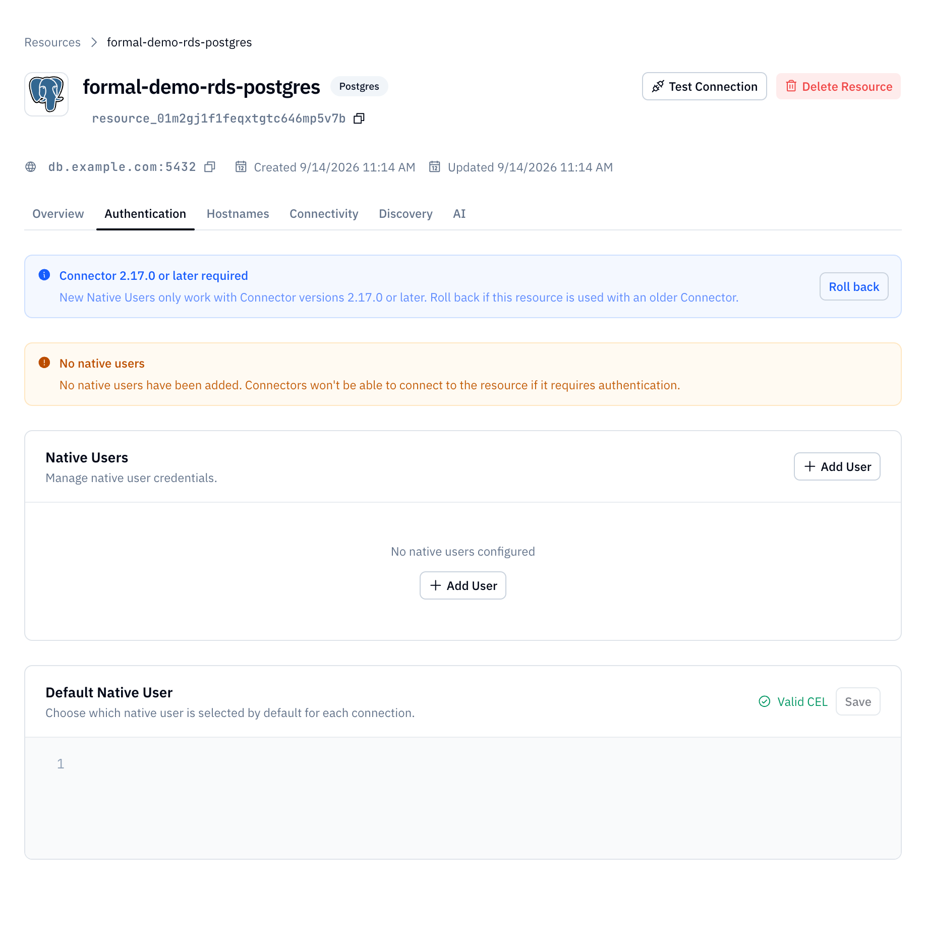 Authentication tab with the Native Users section and Add User button