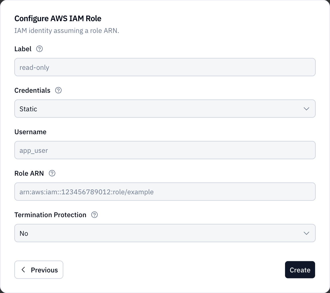 Native User details with credential and termination protection settings