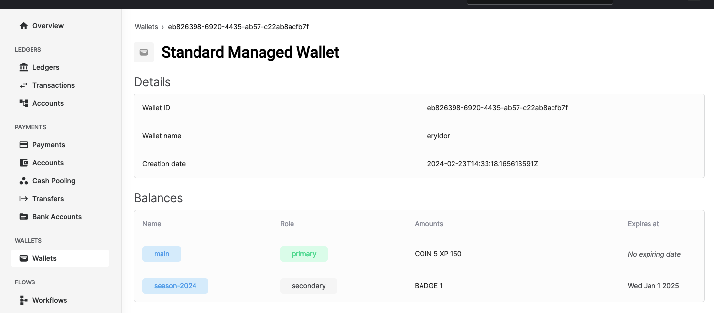 Eryldor's wallet in the Formance Console