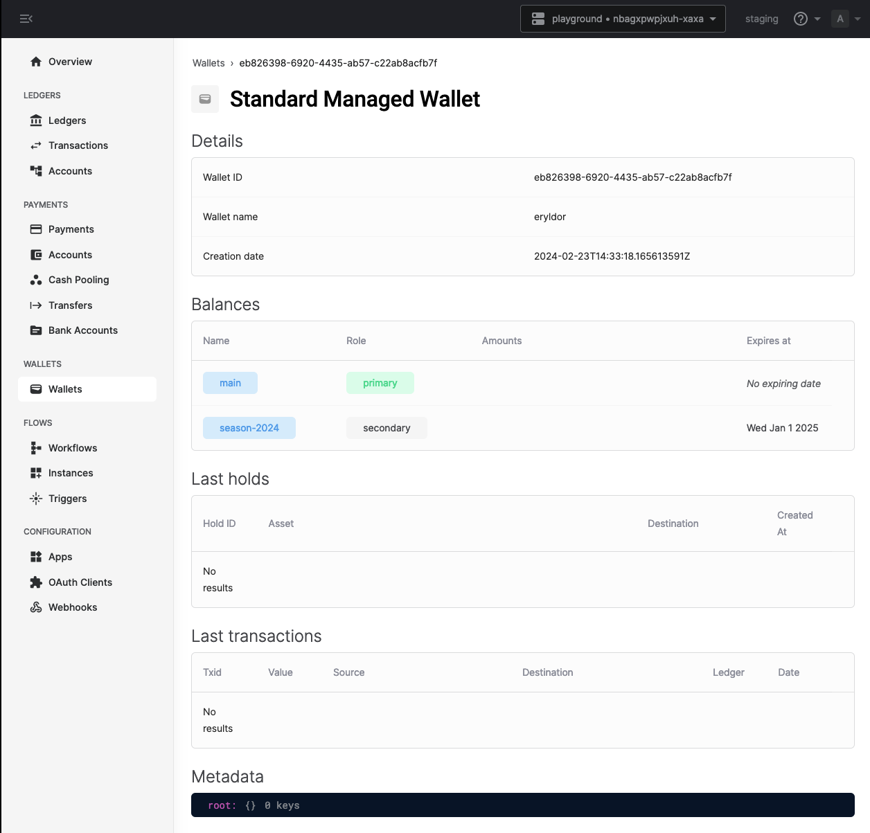 Eryldor's wallet in the Formance Console