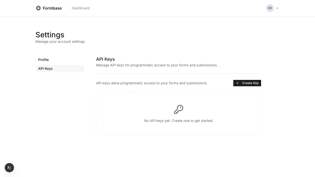 API keys management page