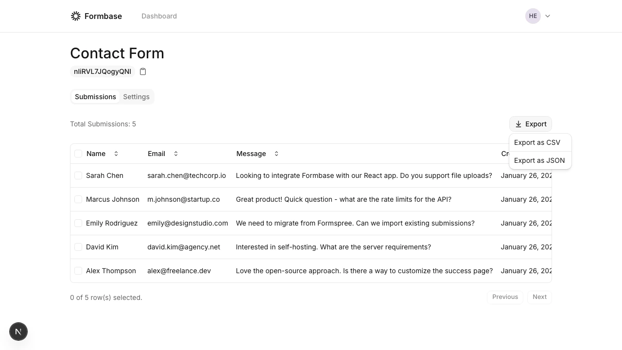Export dropdown with CSV and JSON options