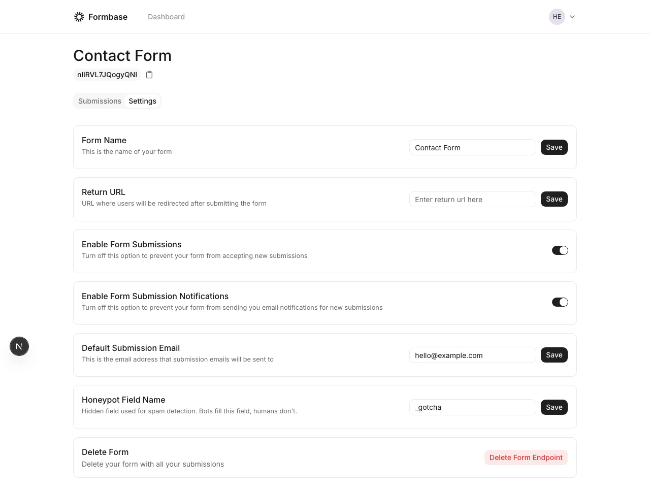Form settings with return URL field