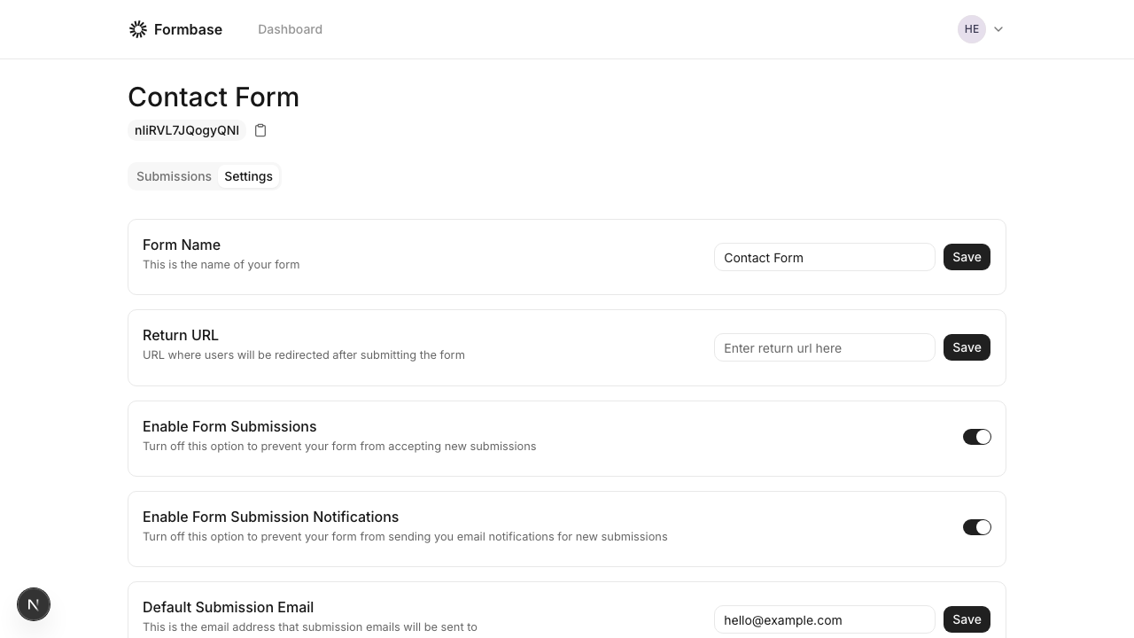 Form settings with notification toggle