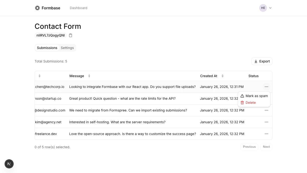 Row action menu with delete option