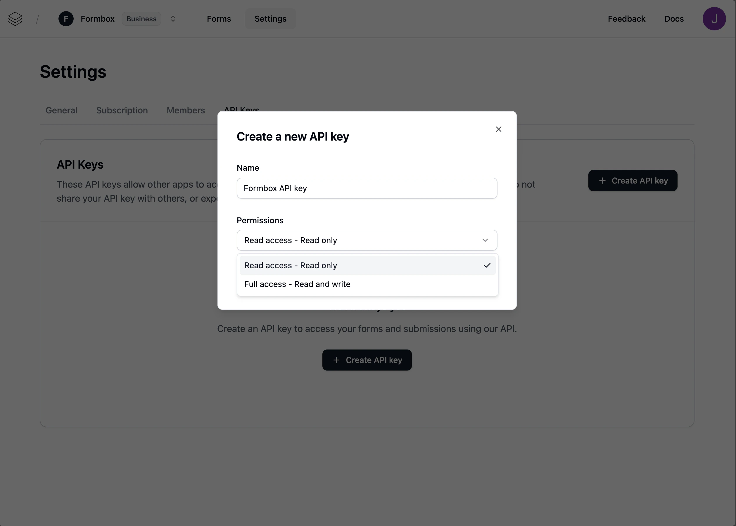 Add new API key on Formbox