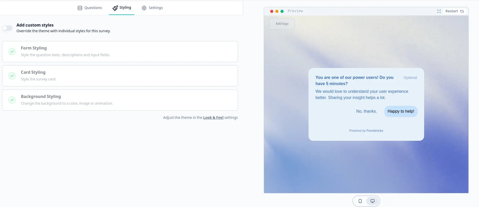 Styling tab in survey editor