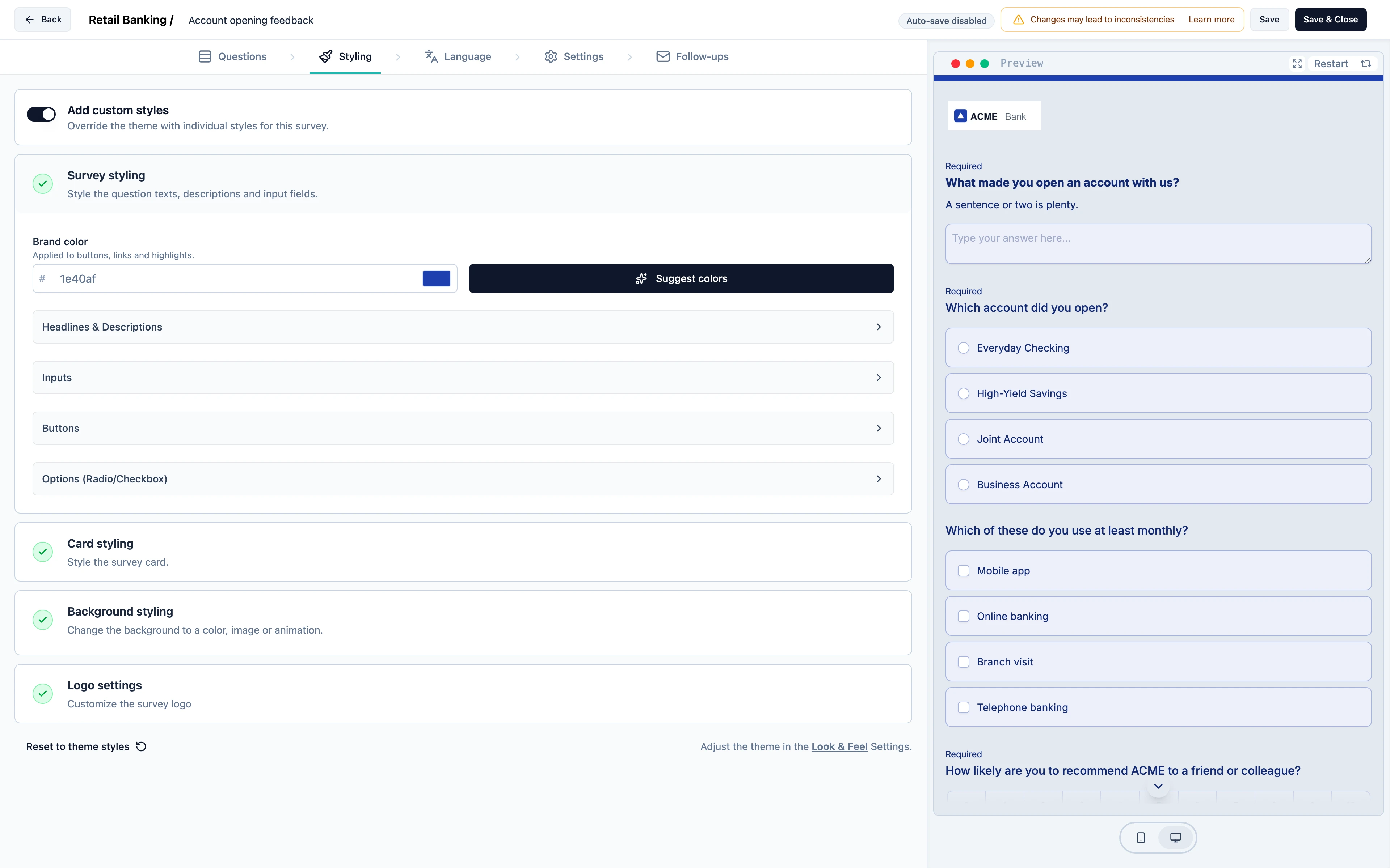 The Styling tab with custom styles switched on