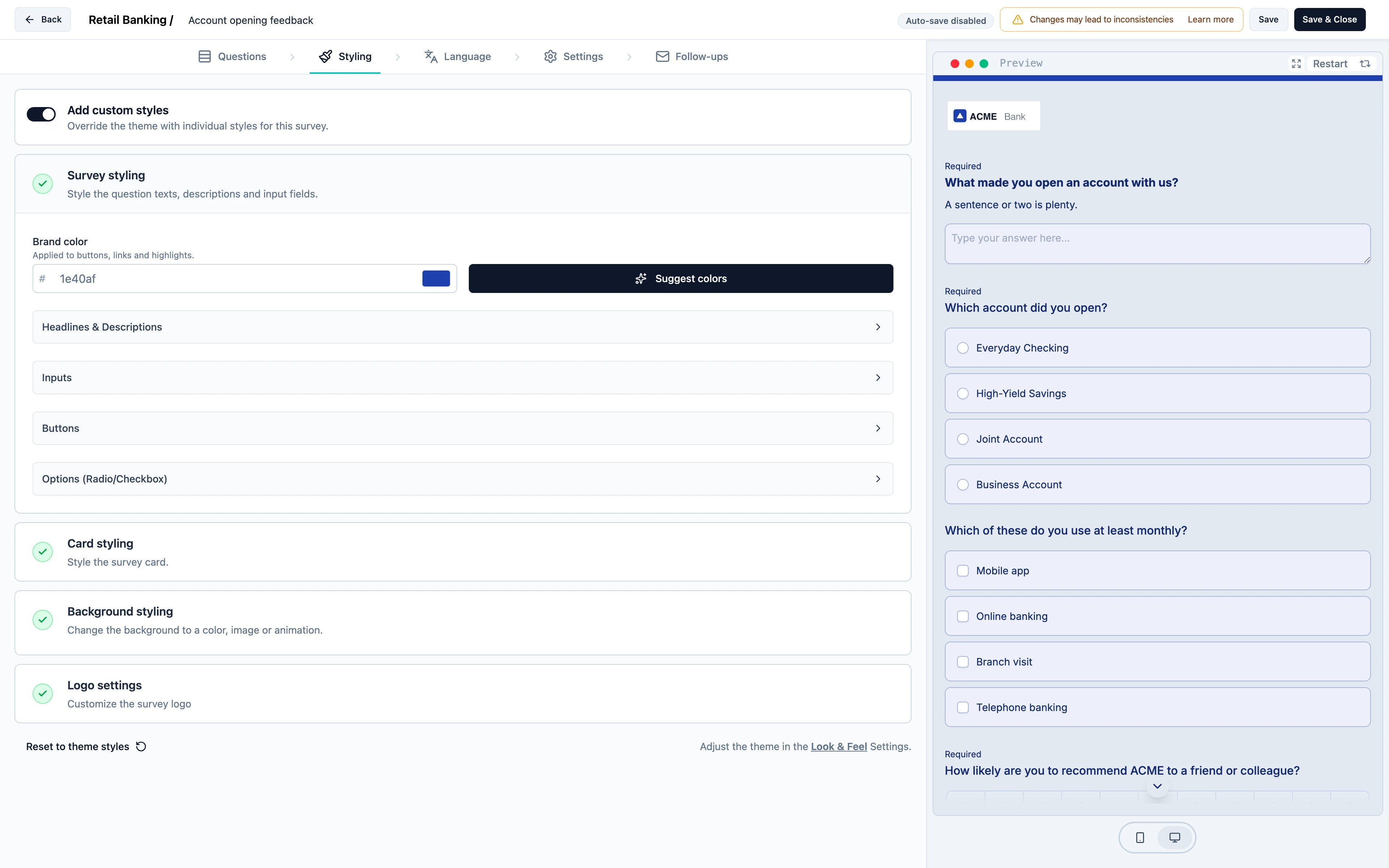 The Styling tab with custom styles switched on