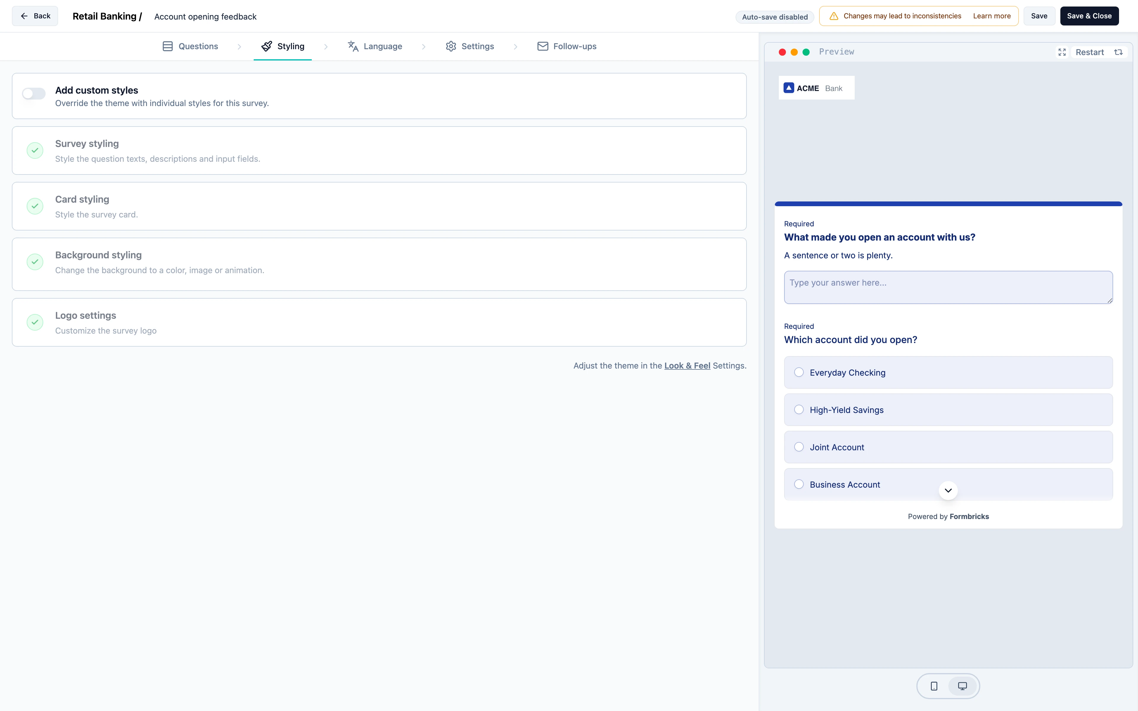 The Styling tab of the survey editor