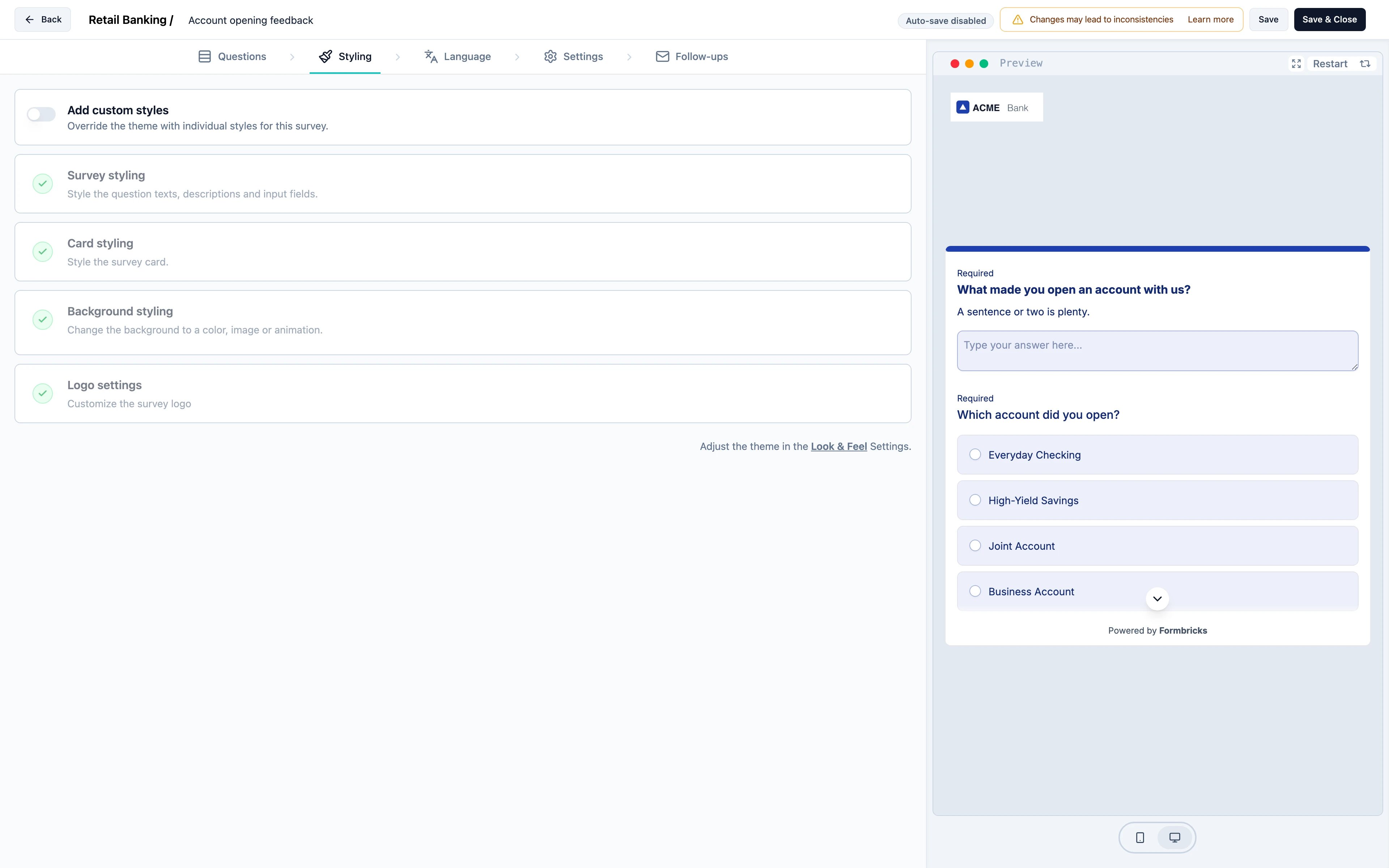 The Styling tab of the survey editor