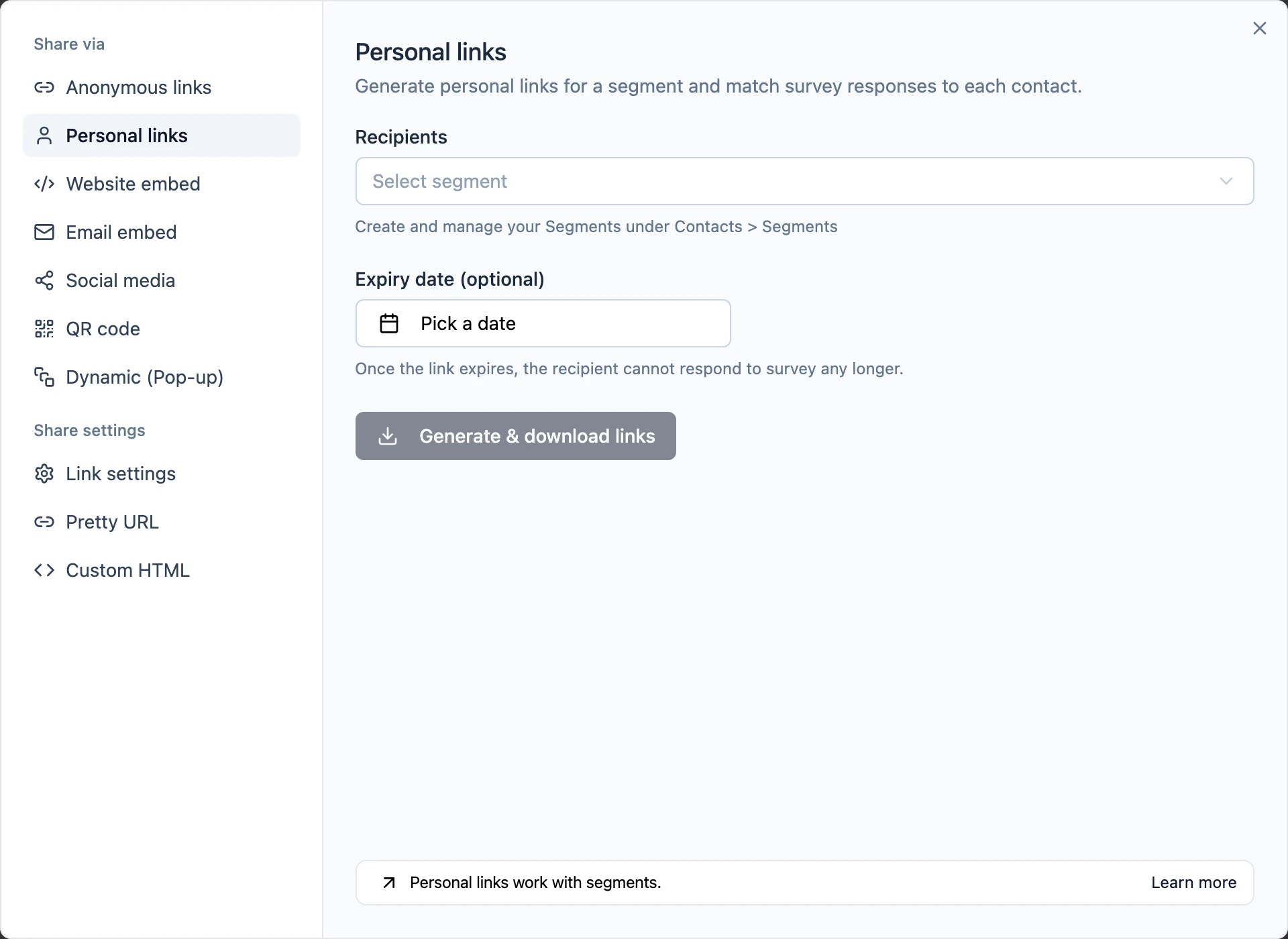 The Personal links tab of the Share modal