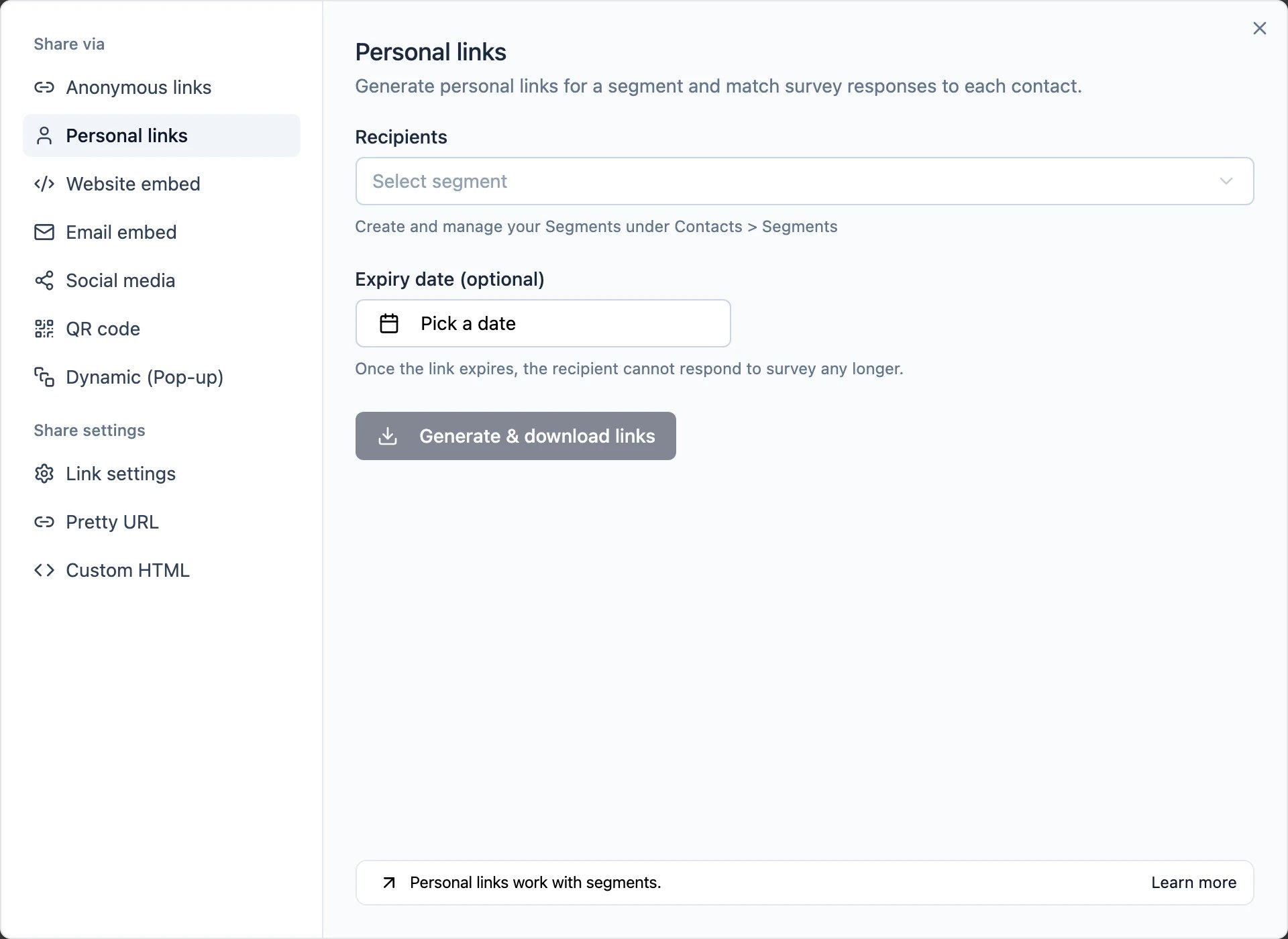 The Personal links tab of the Share modal