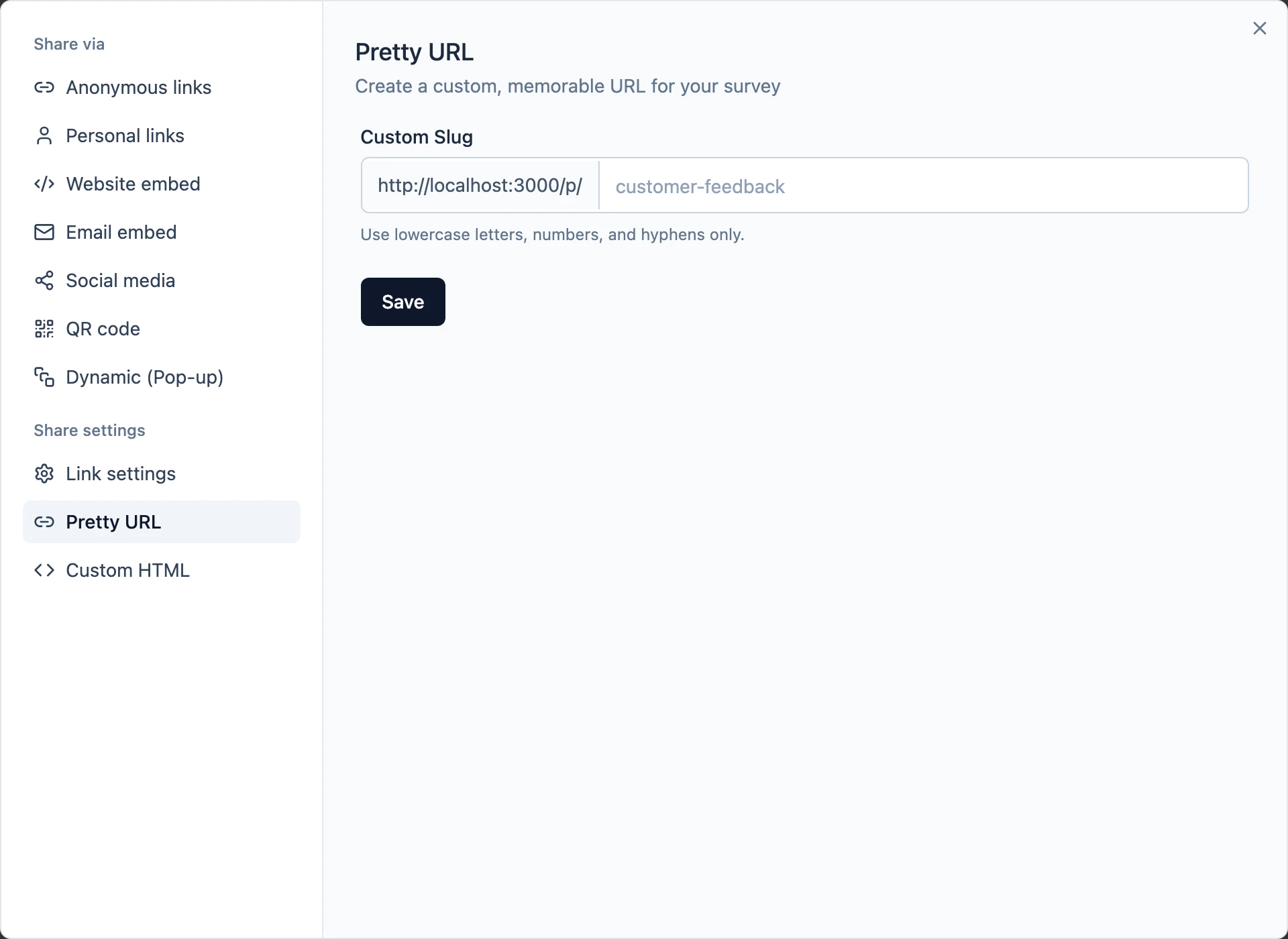 The Pretty URL tab of the Share modal