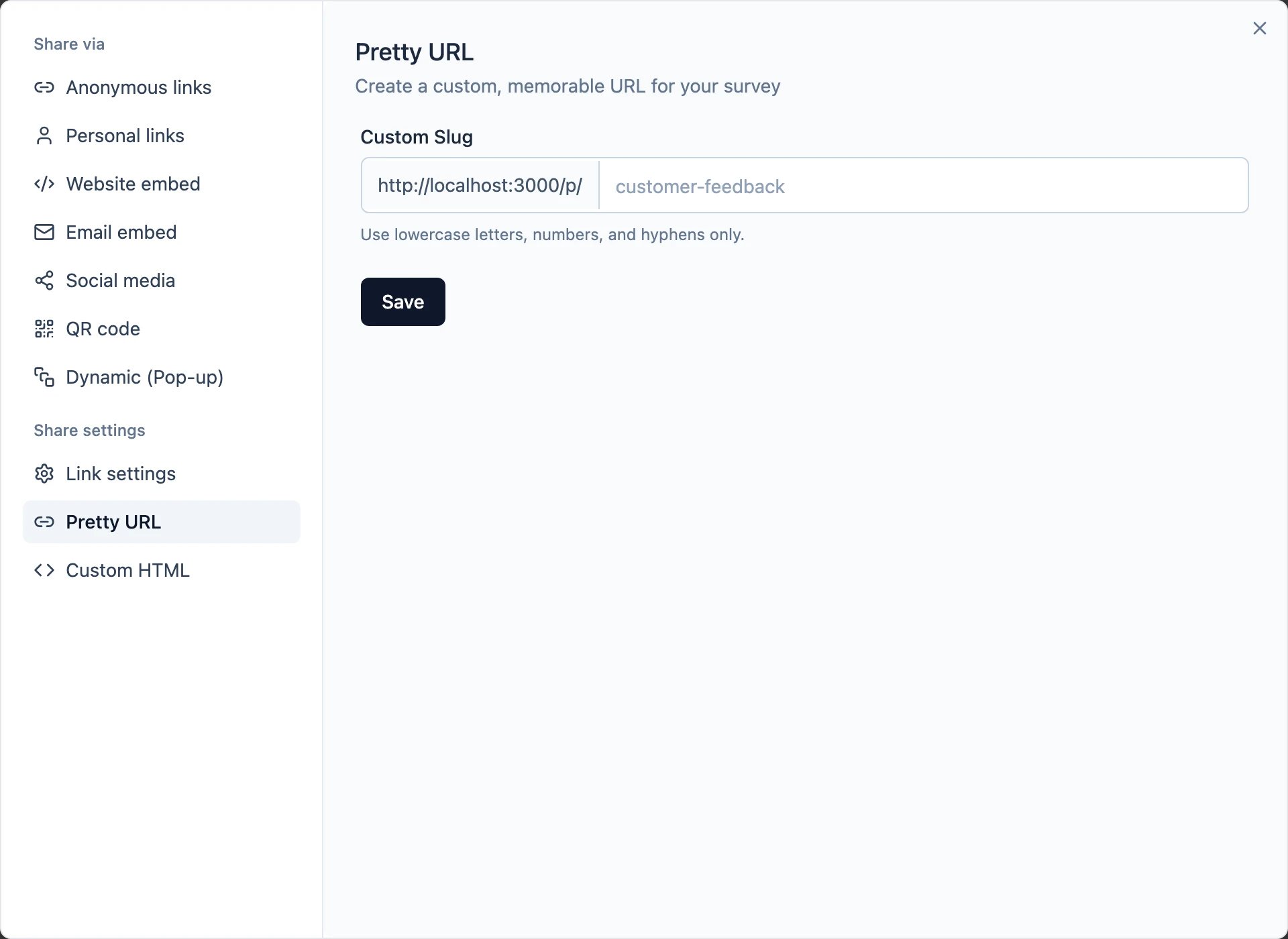 The Pretty URL tab of the Share modal