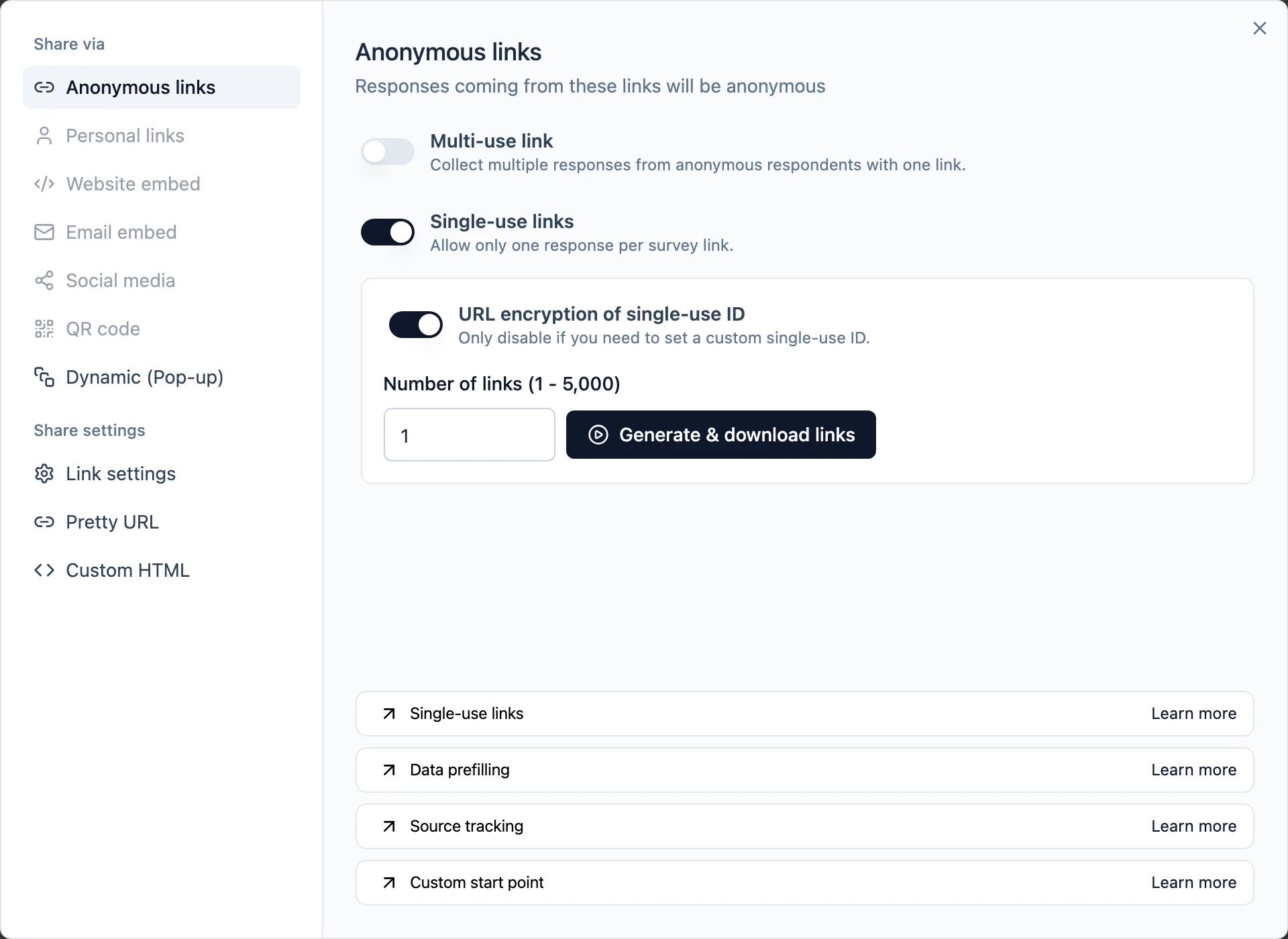 Single use link survey settings