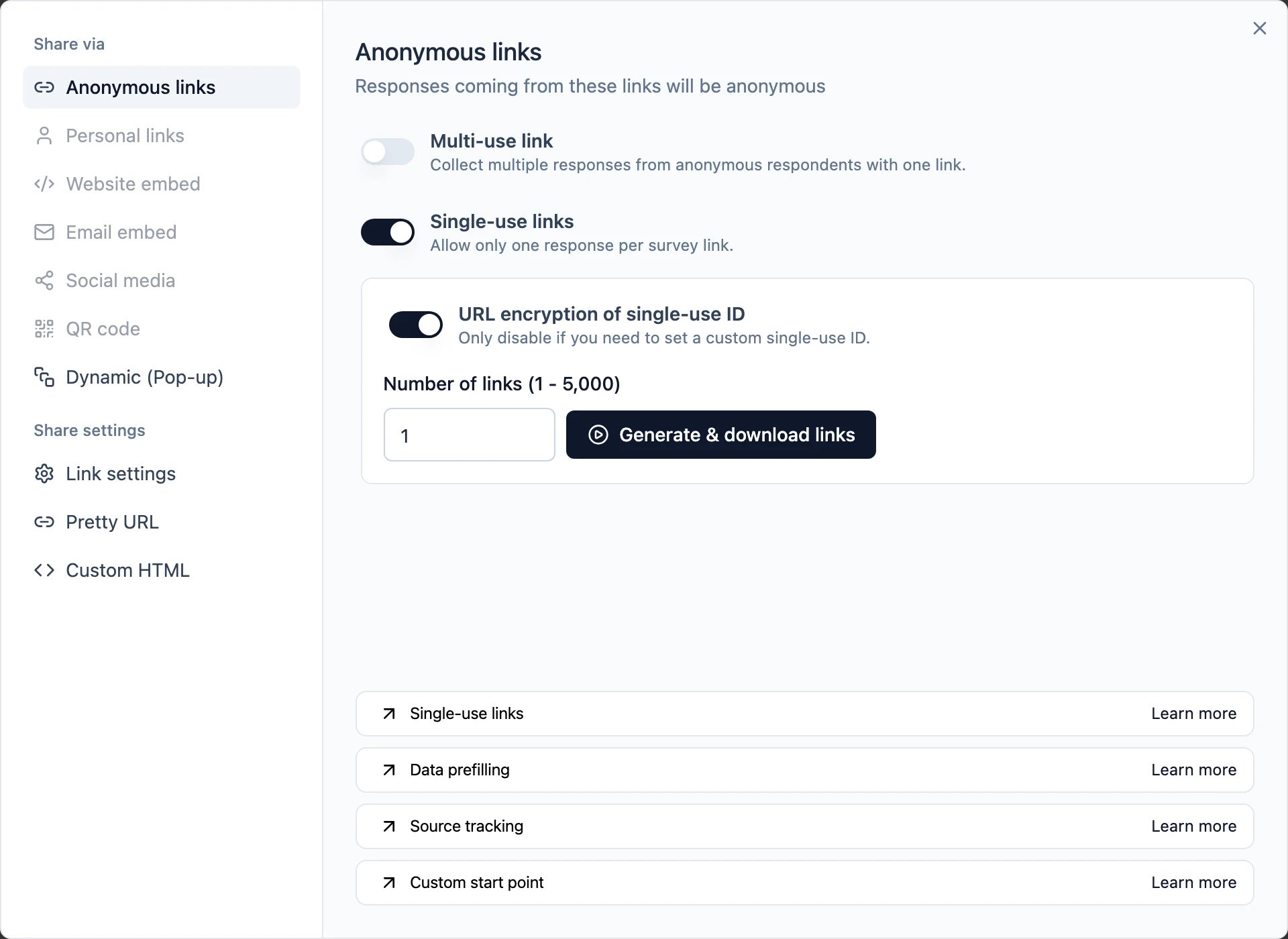 Single use link survey settings