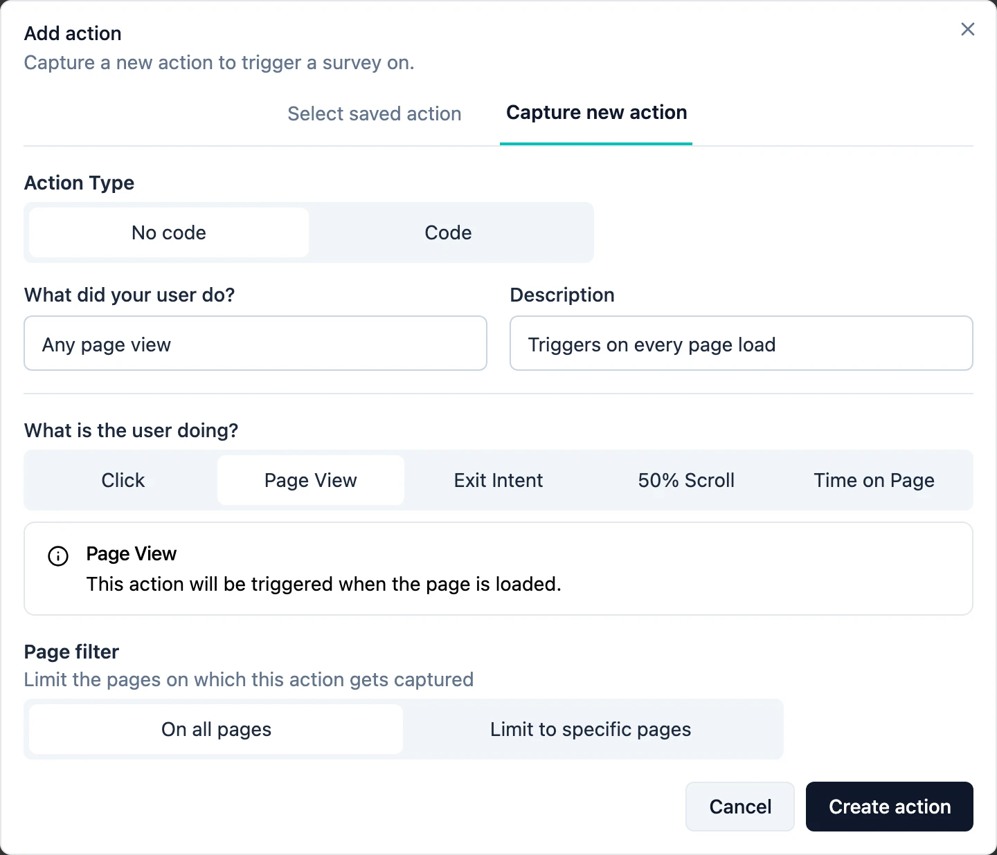 The Add action dialog on the Capture new action tab, with the No code action type and Page View selected