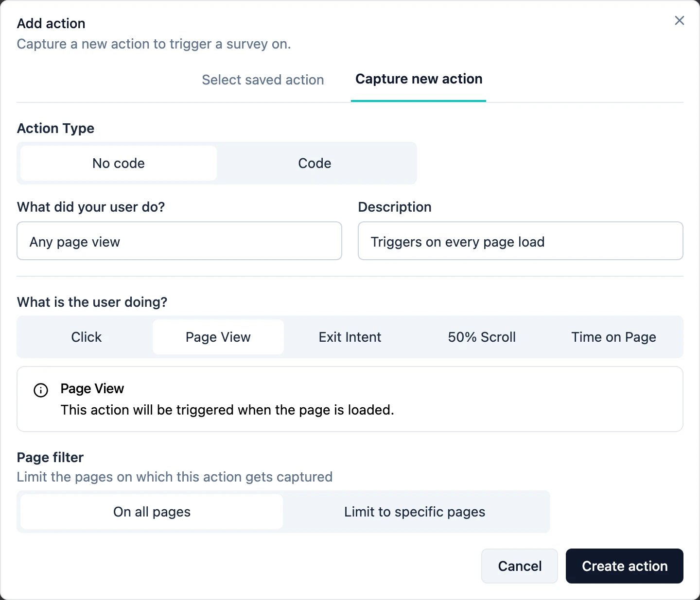 The Add action dialog on the Capture new action tab, with the No code action type and Page View selected