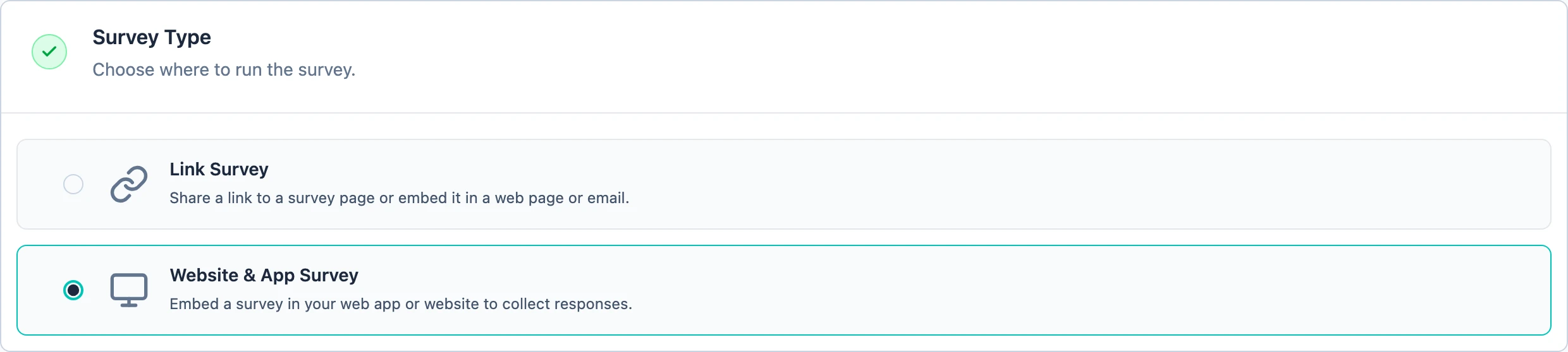 The Survey Type section of the survey settings, with Website & App Survey selected