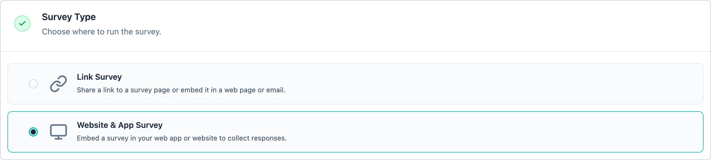 The Survey Type section of the survey settings, with Website & App Survey selected