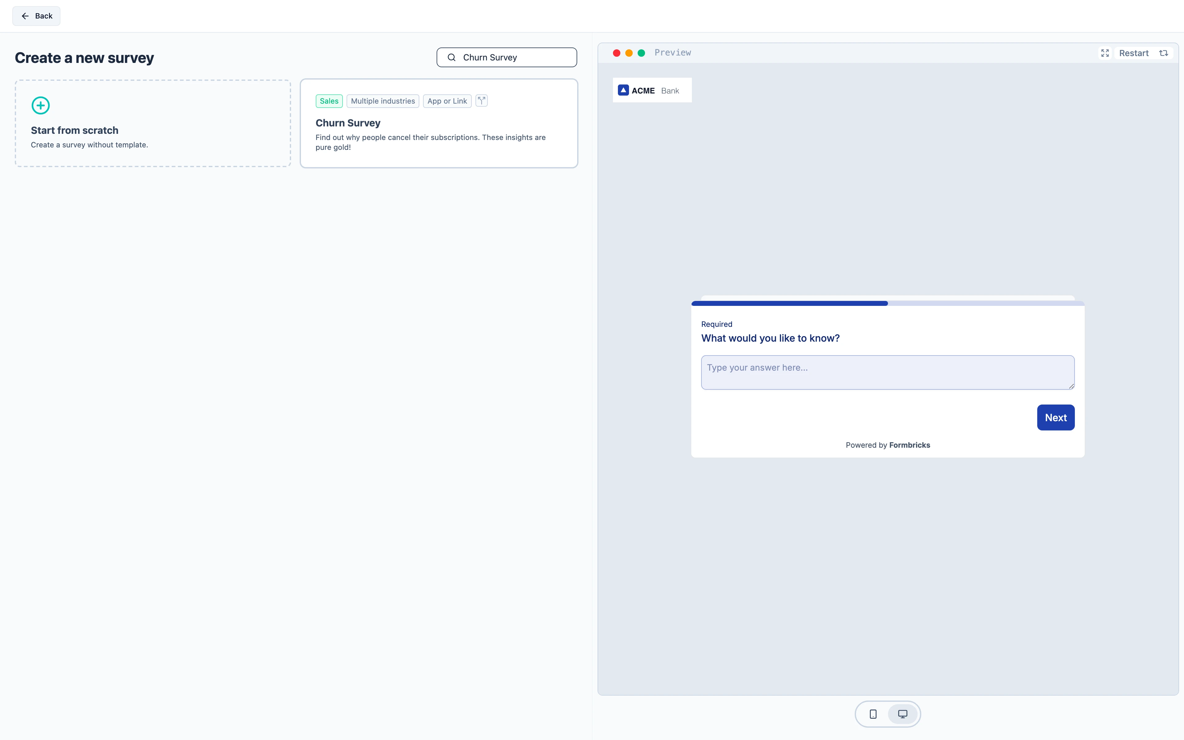 The Churn Survey template in the template picker