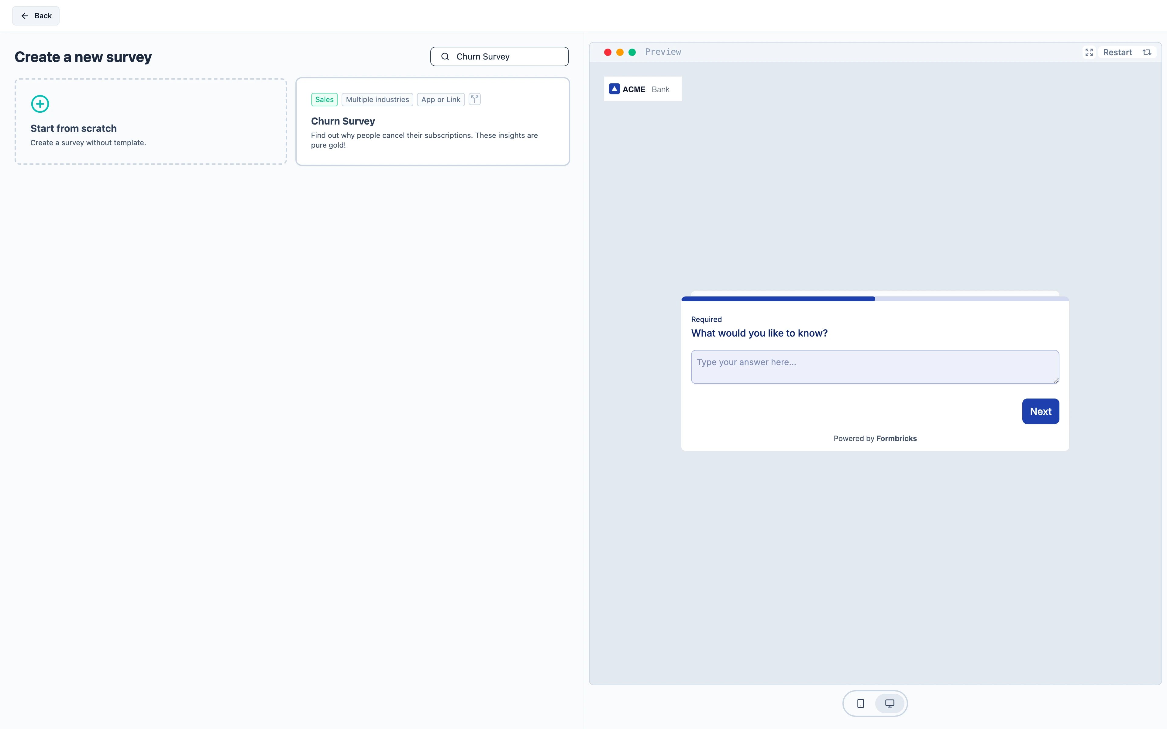The Churn Survey template in the template picker