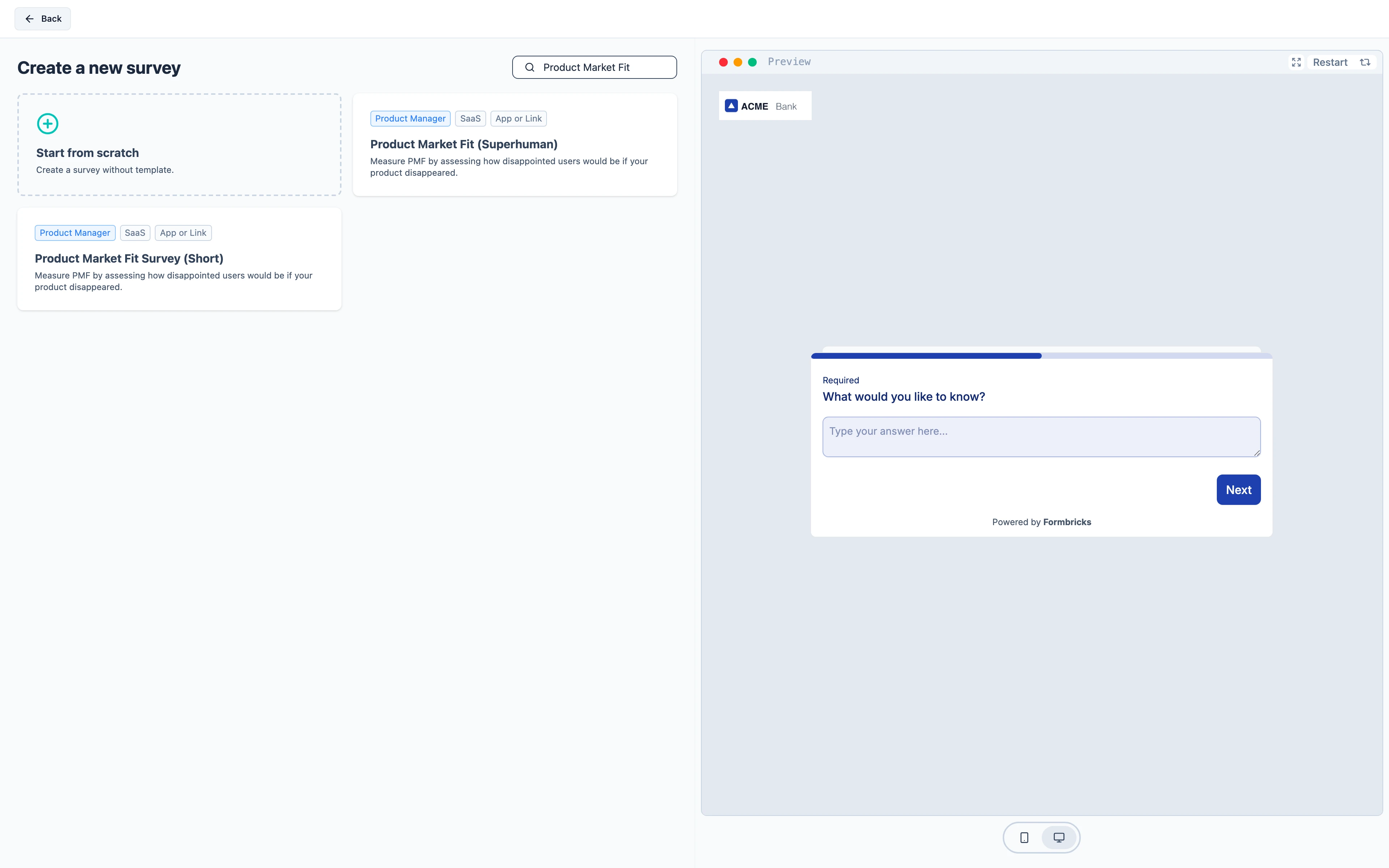 The Product Market Fit template in the template picker