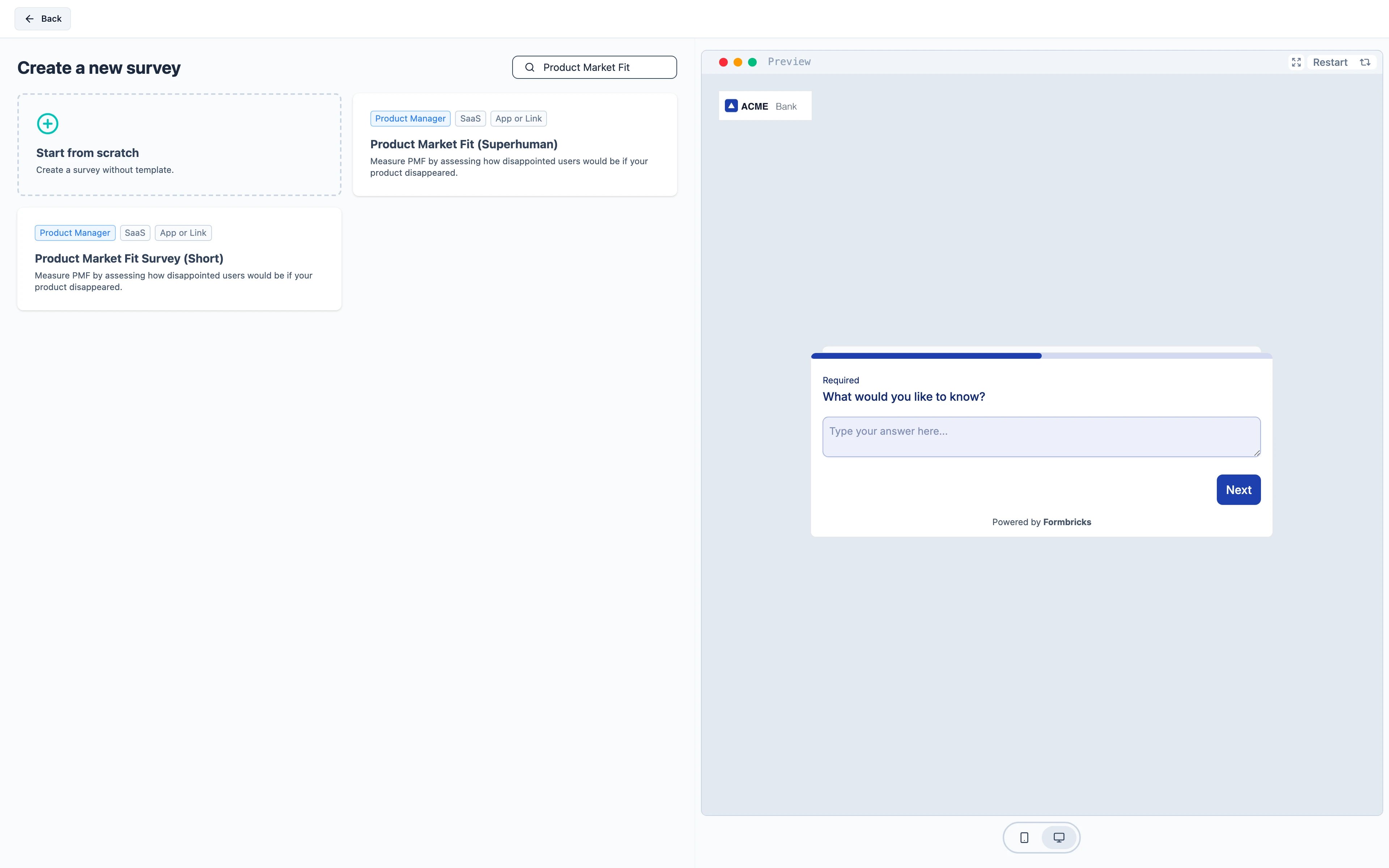 The Product Market Fit template in the template picker