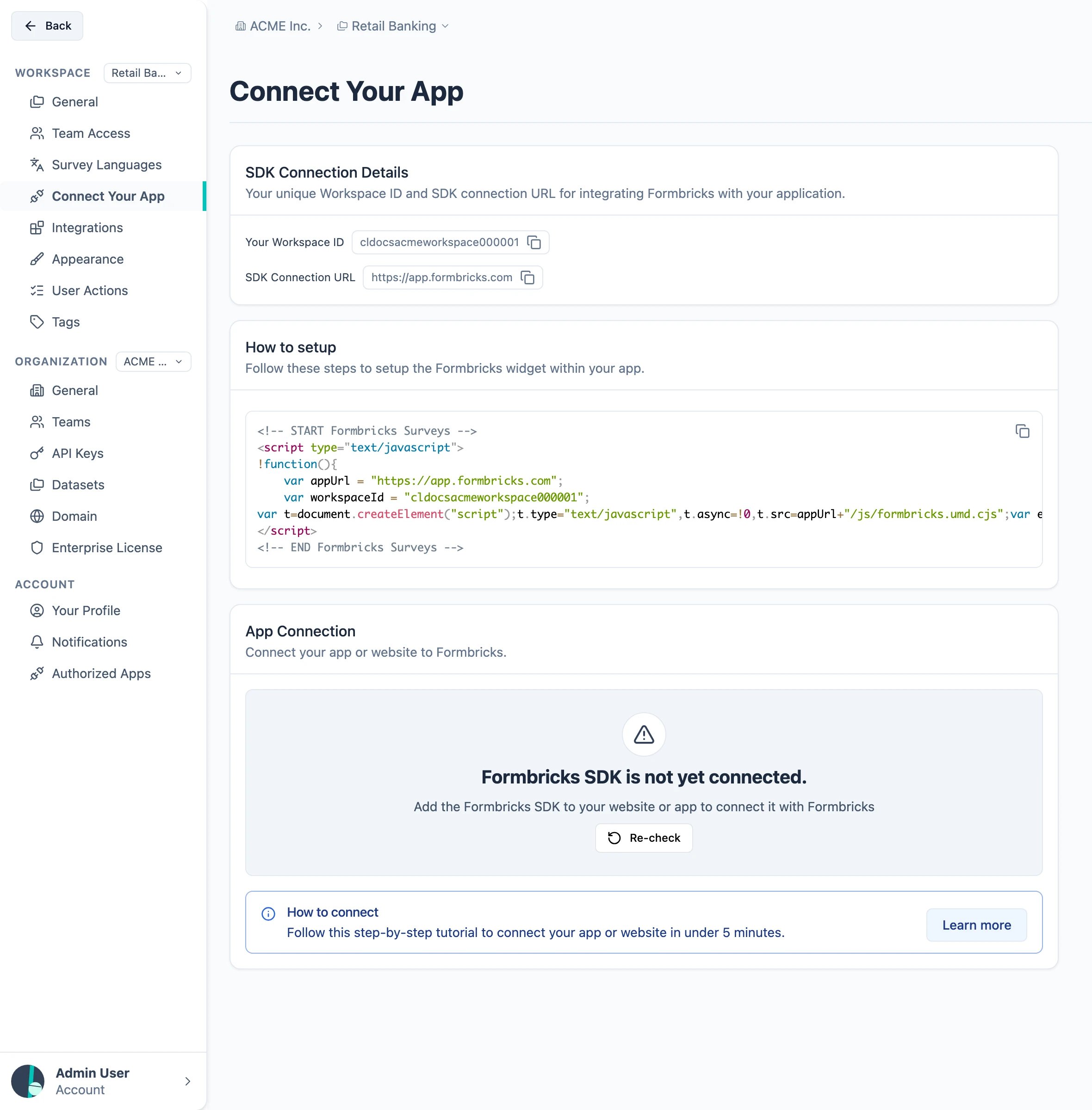 The Connect Your App settings page with the Workspace ID, the SDK Connection URL, the code snippet and an App Connection card reading "Formbricks SDK is not yet connected"