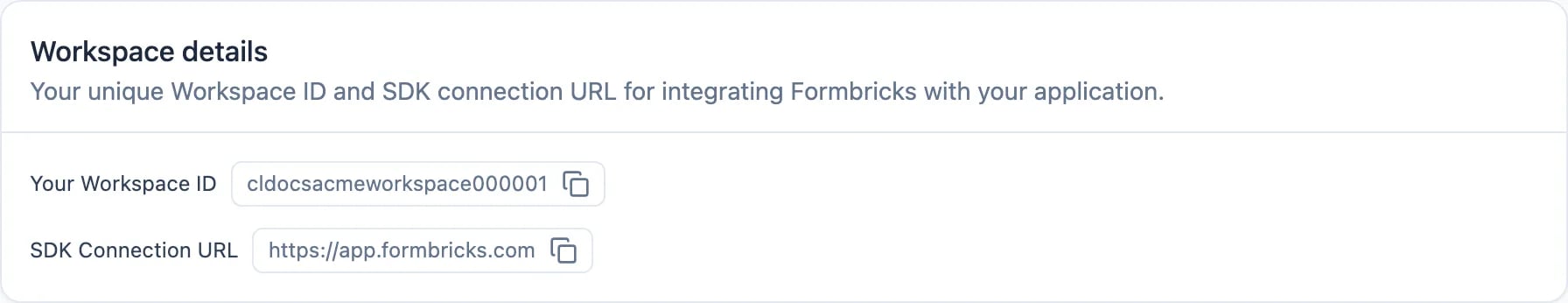 The Workspace details card on the Web & Mobile SDK settings page, showing Your Workspace ID and SDK Connection URL