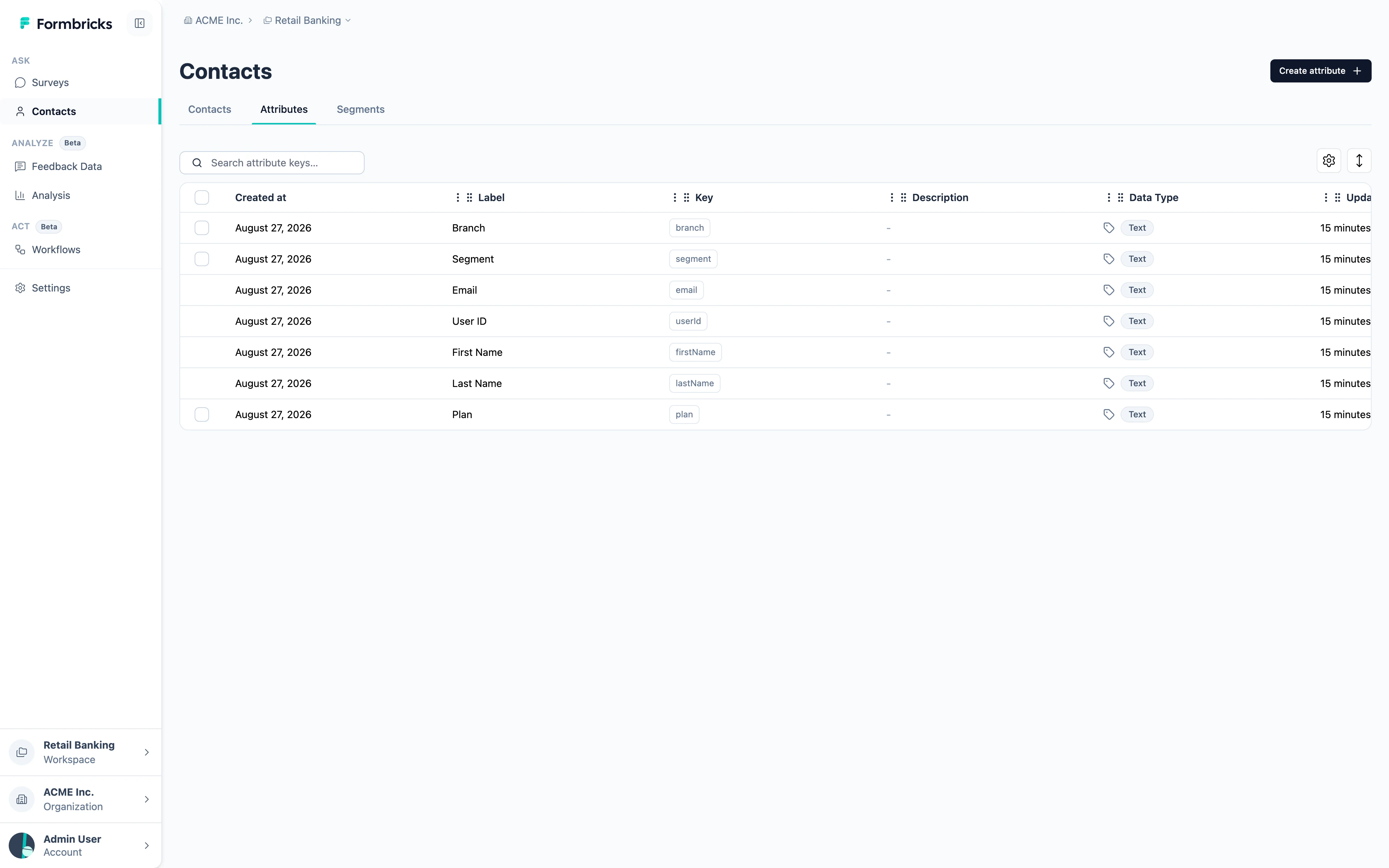 The Attributes tab, listing every attribute key in the workspace