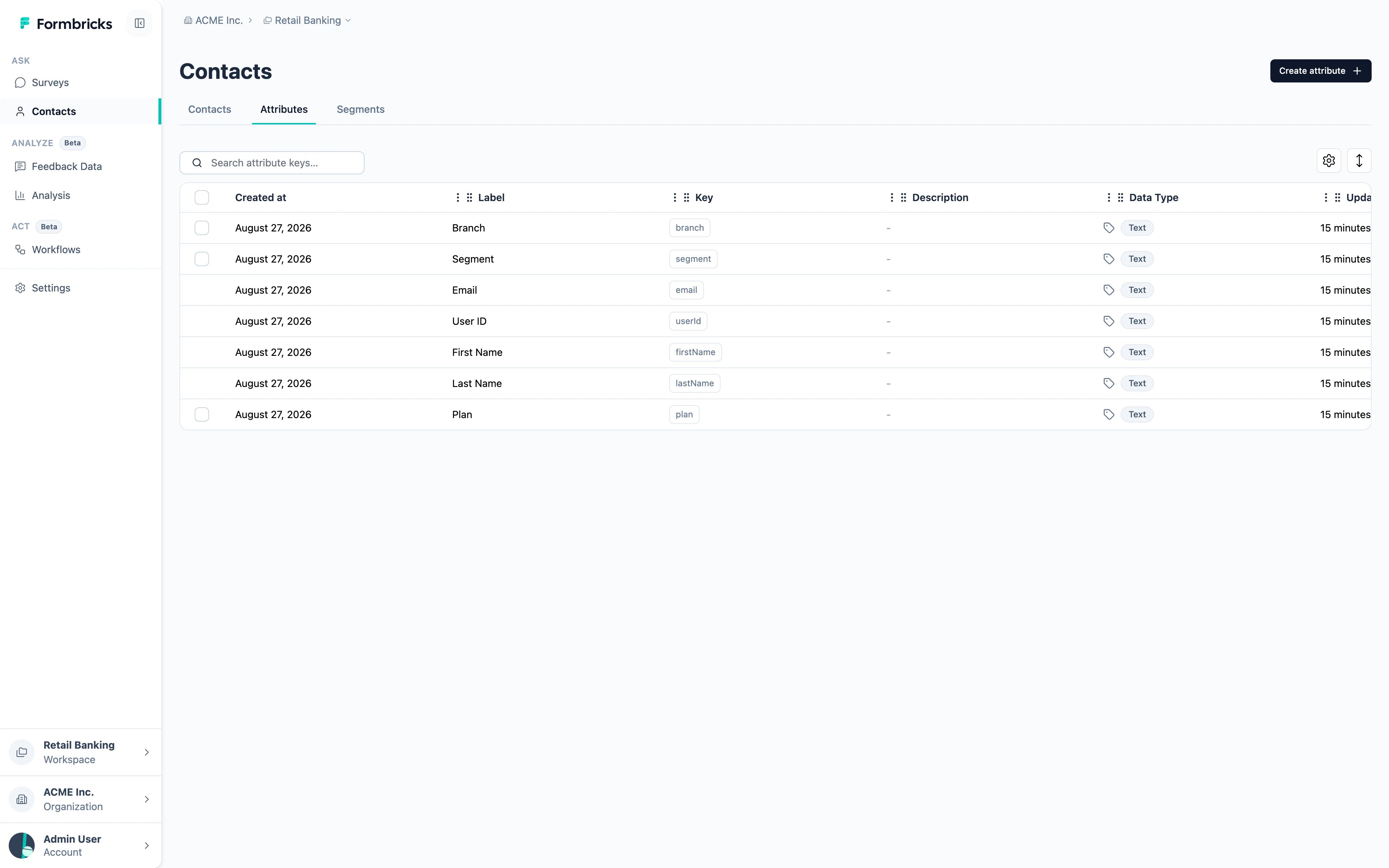 The Attributes tab, listing every attribute key in the workspace