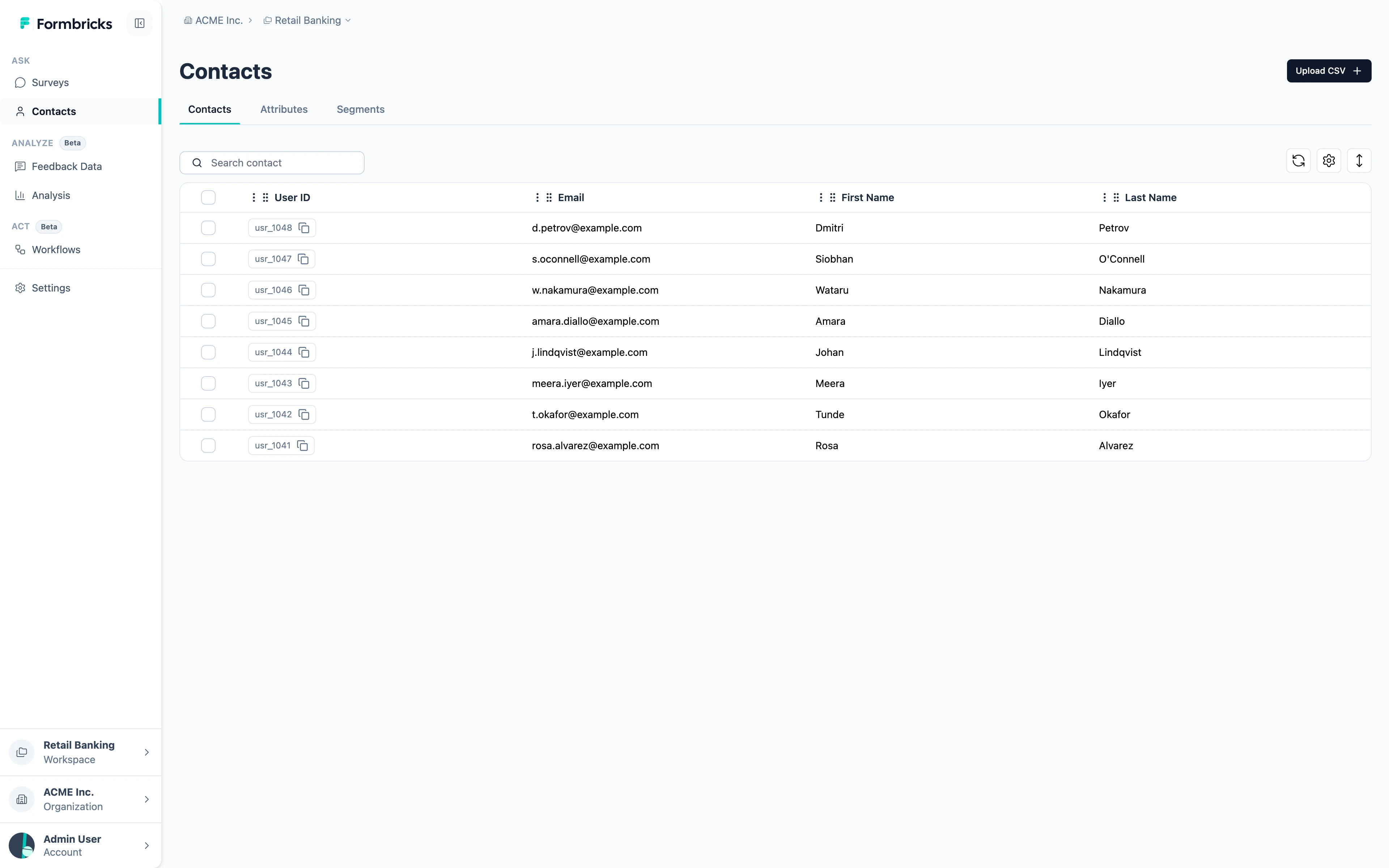 The Contacts tab, listing contacts with their default attributes