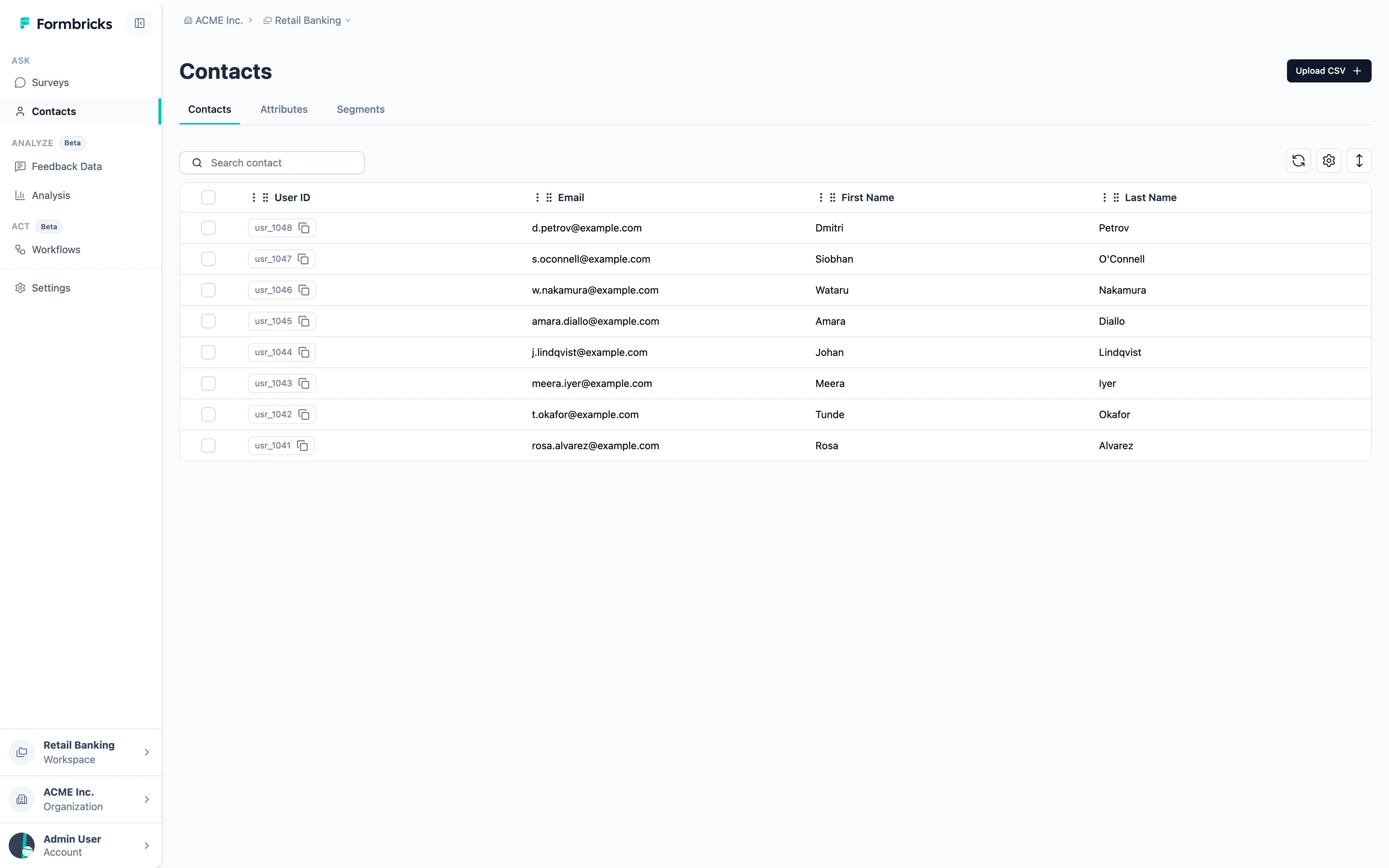 The Contacts tab, listing contacts with their default attributes
