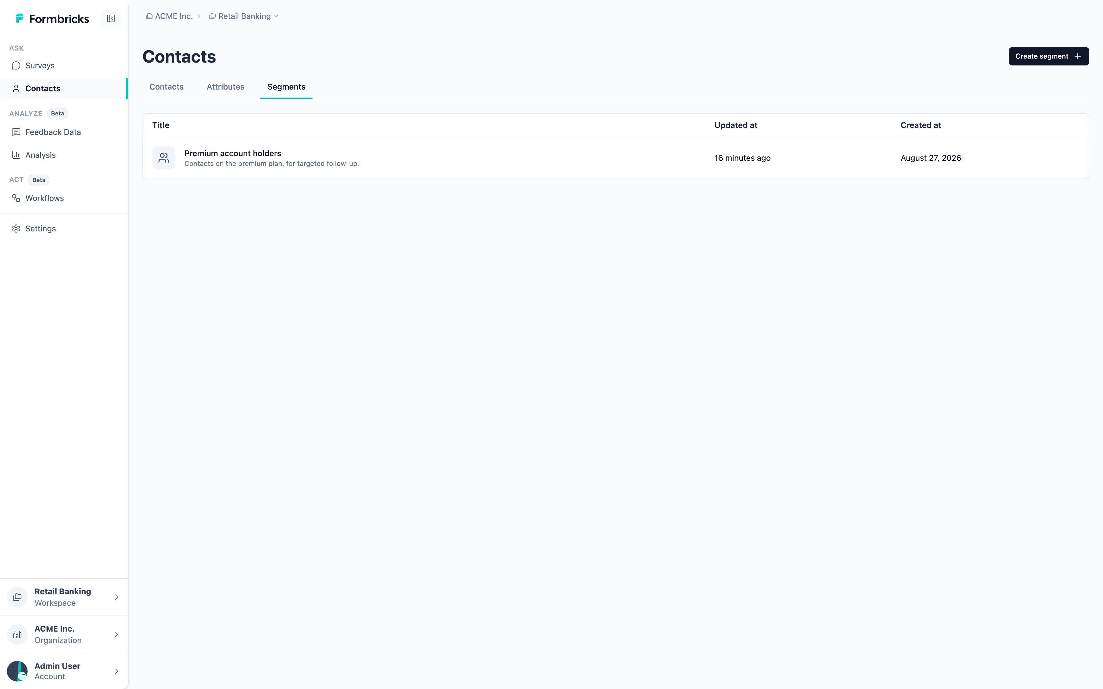 The Segments tab, showing a saved segment