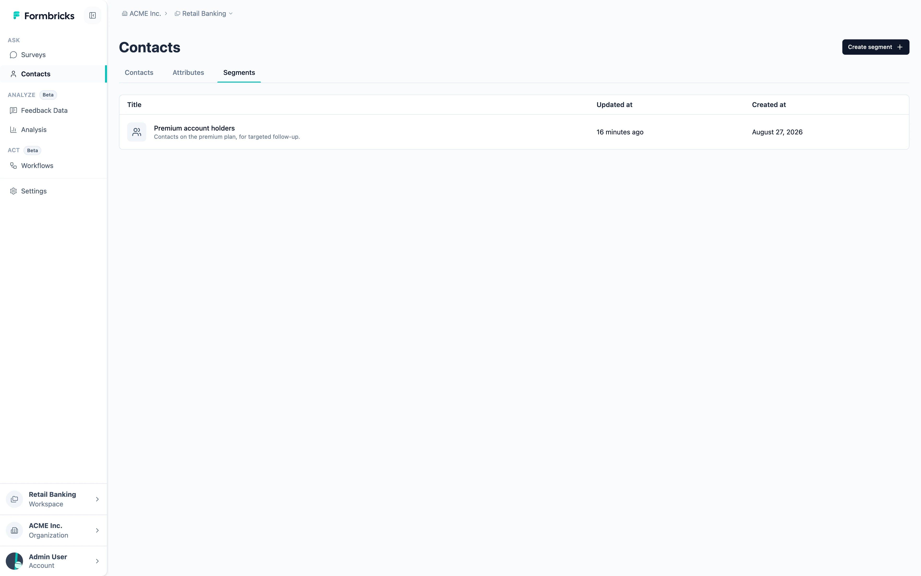 The Segments tab, showing a saved segment