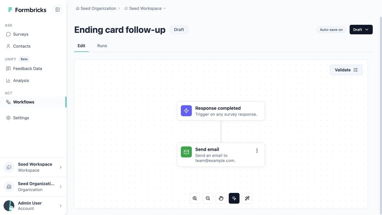 Workflow builder showing a Response completed trigger connected to a Send email action