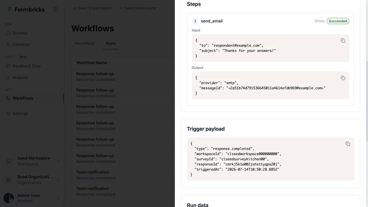 Workflow run details showing a succeeded email step, its input and output, and the trigger payload