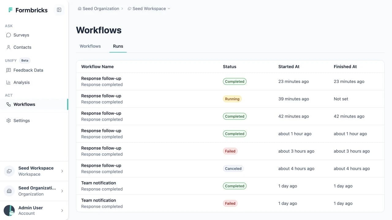 Workflow Runs table showing workflow names, statuses, and execution timestamps