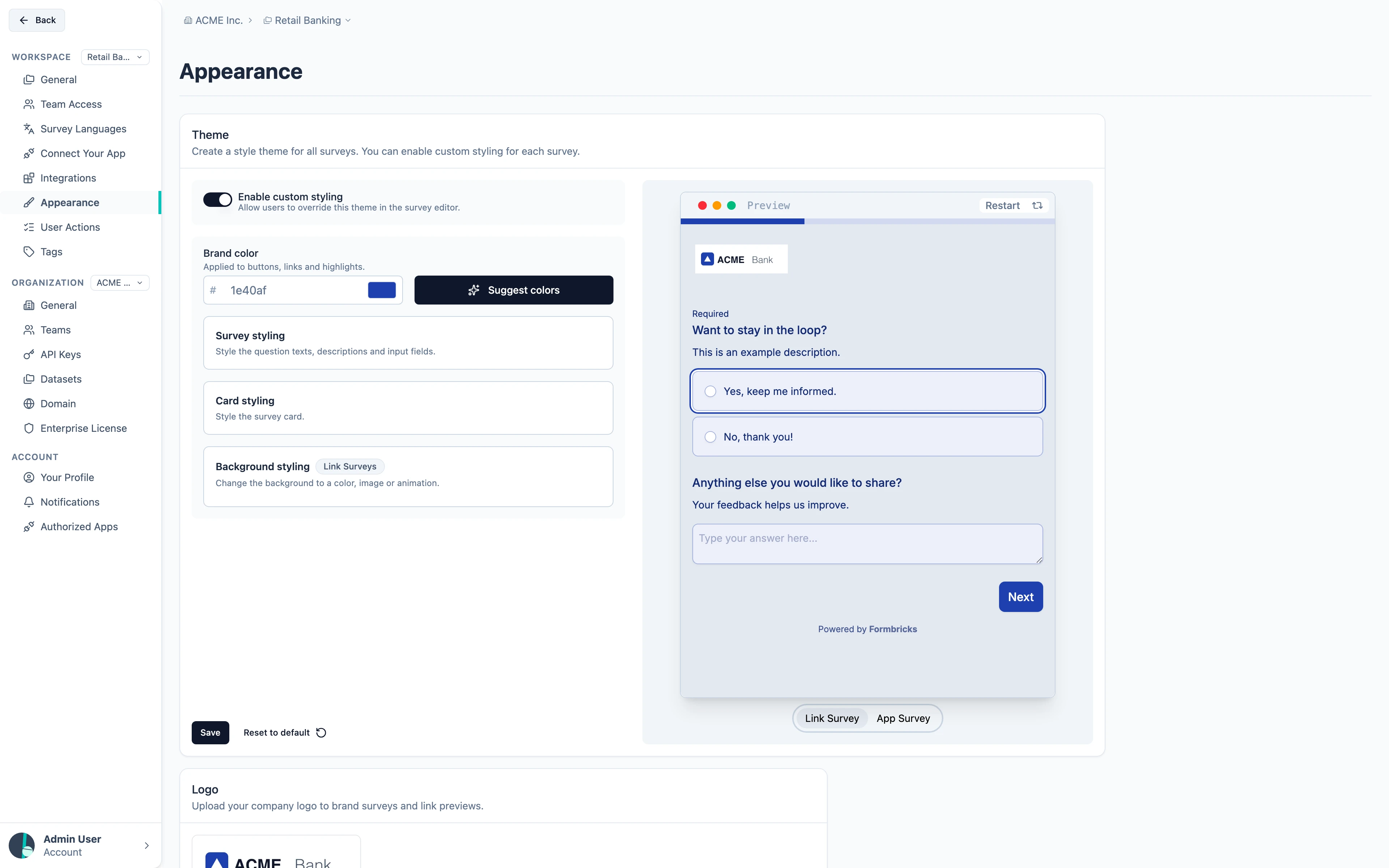 The Appearance settings, with the theme editor and a live preview
