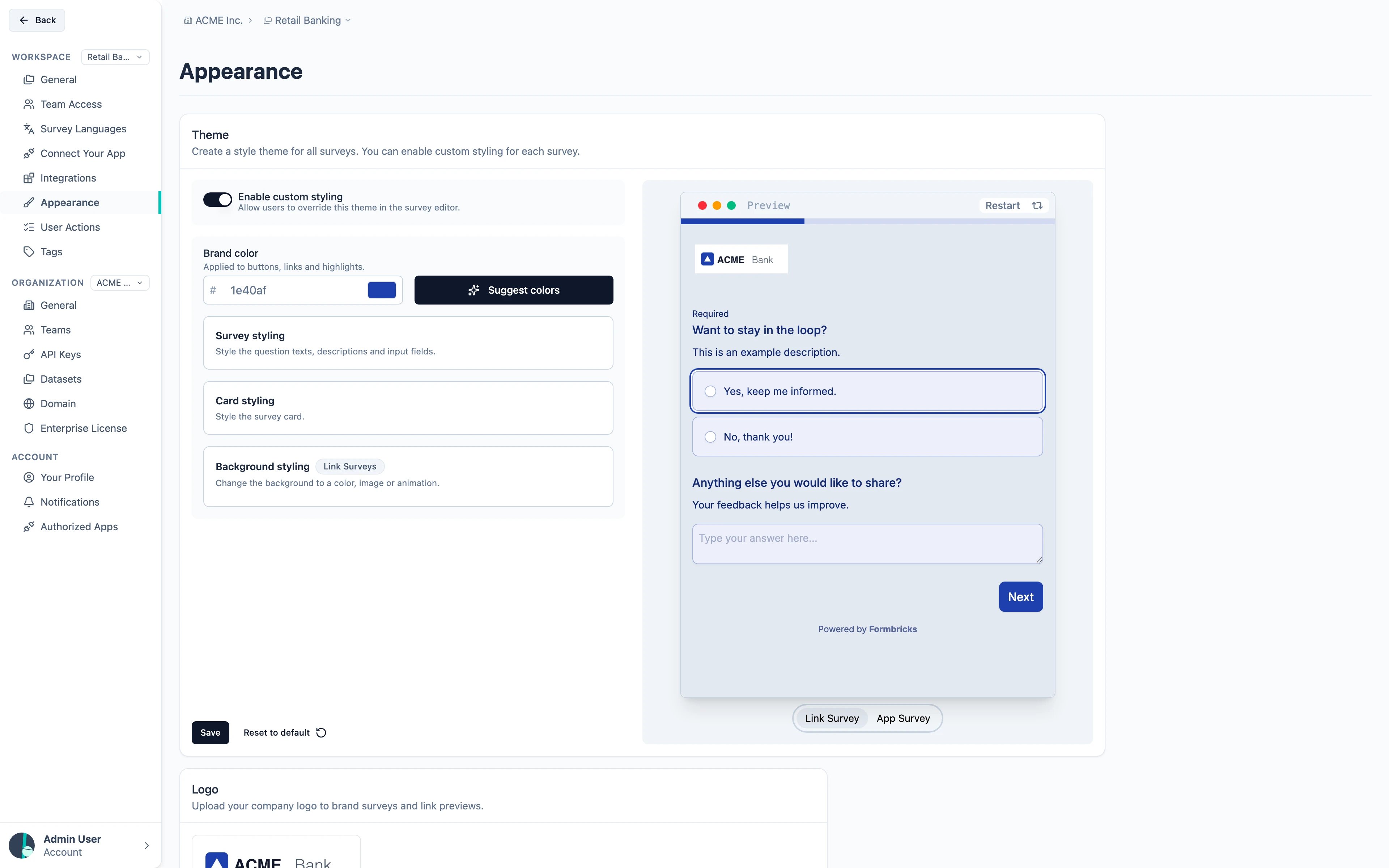 The Appearance settings, with the theme editor and a live preview