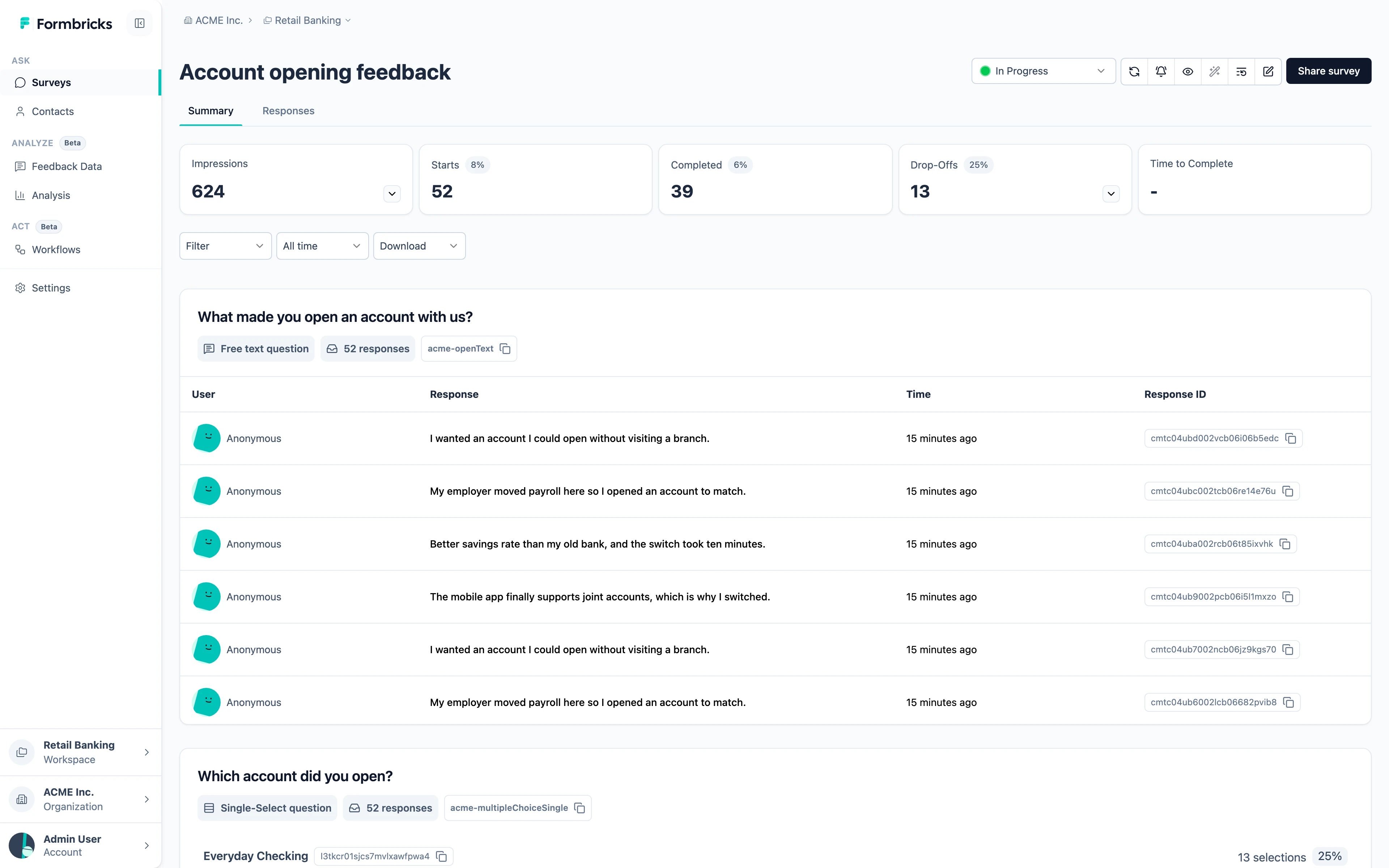 The survey summary, with completion stats and per-question breakdowns