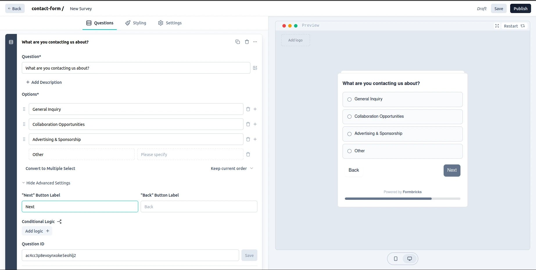 Single Select question configuration